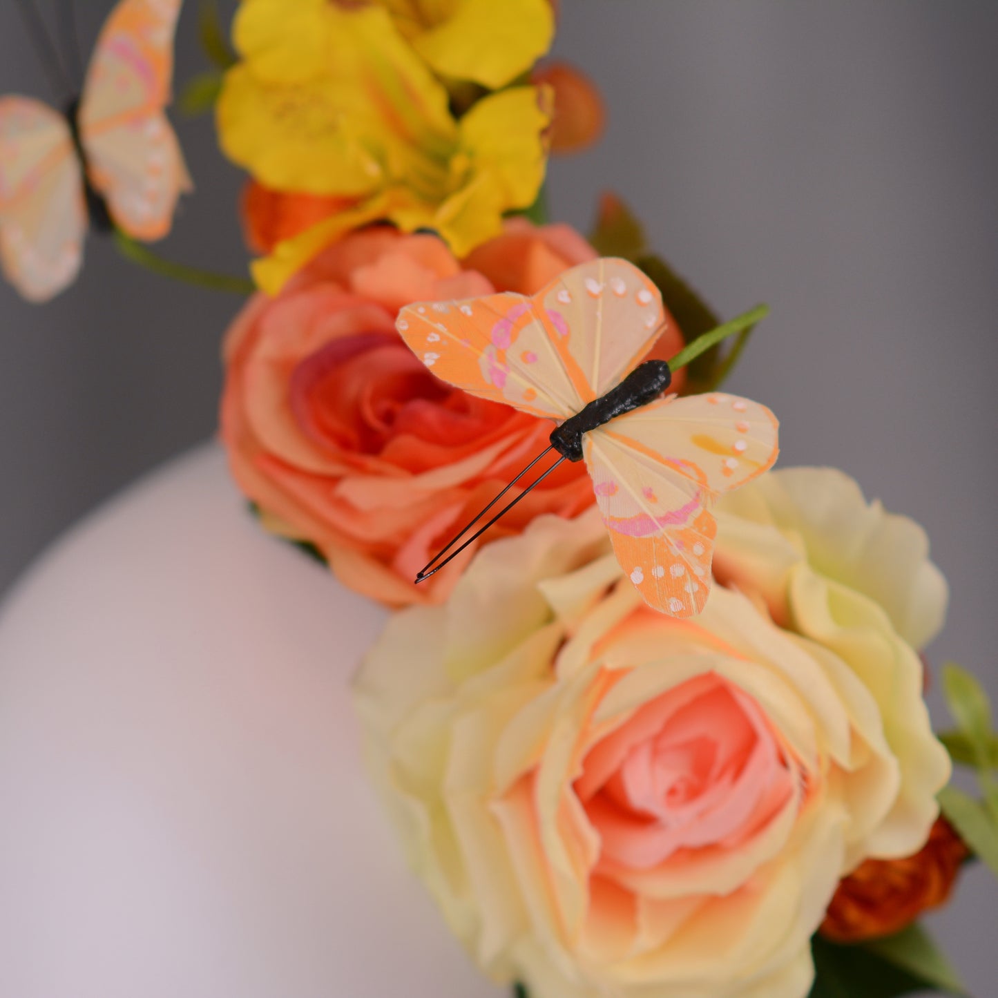 Sculptural Roses and Butterflies Headpiece in Yellow and Orange