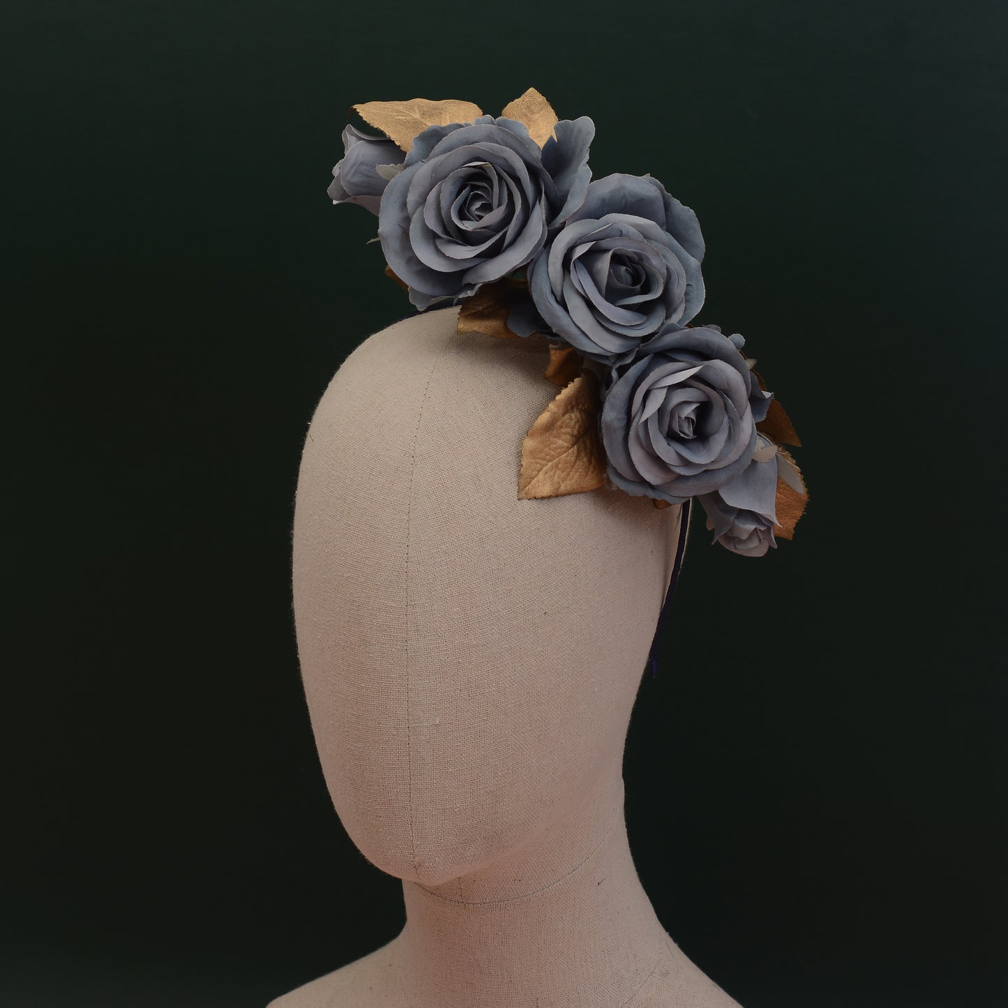 Flower Headpiece in Floating Blue and Gold Roses