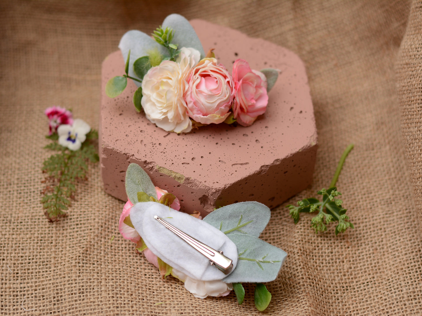 Rose and Ranunculus Hair Clip in Ivory and Blush Pink