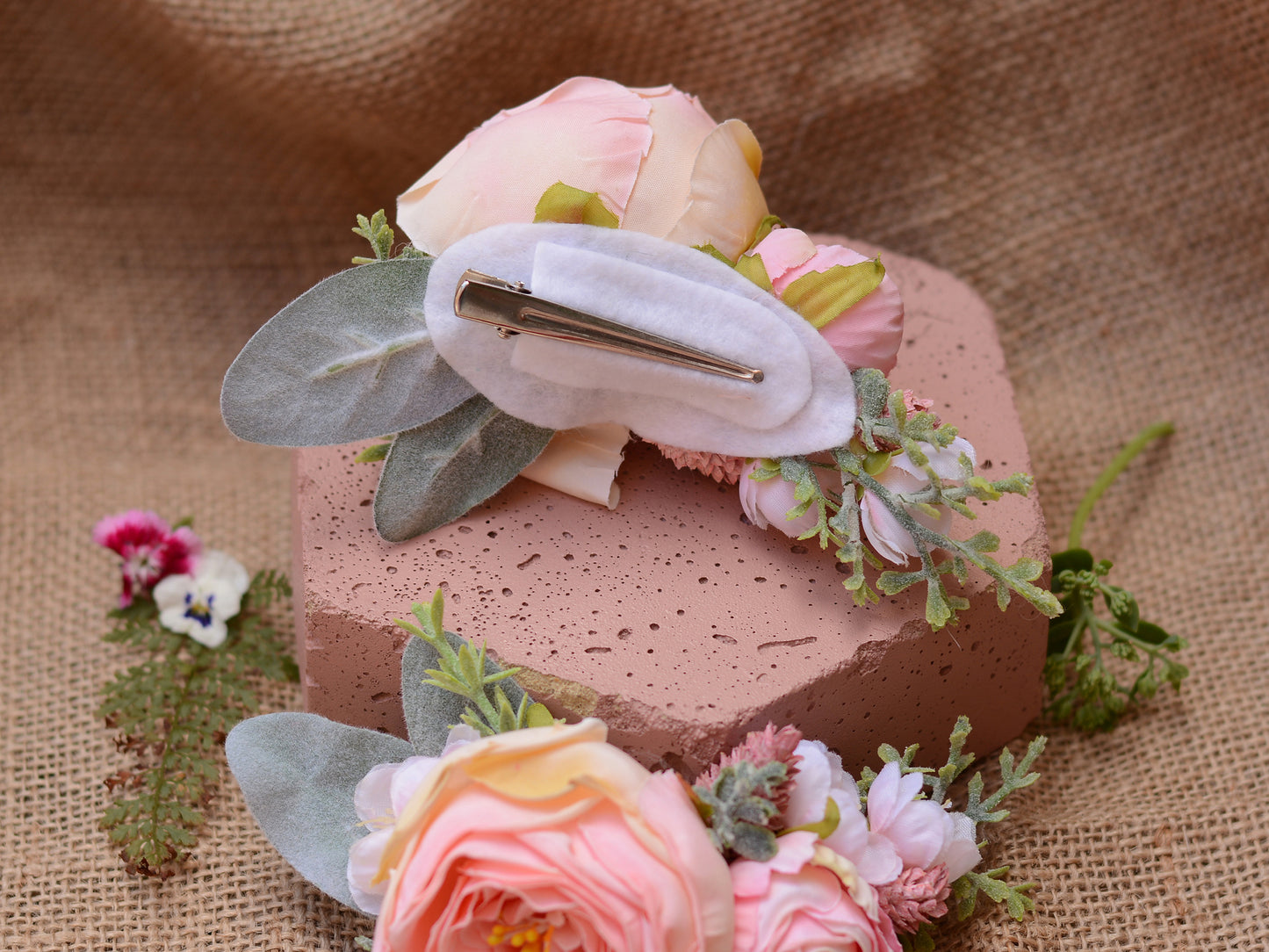 Large Roses and Cherry Blossom Blush Pink Flower Hair Clip