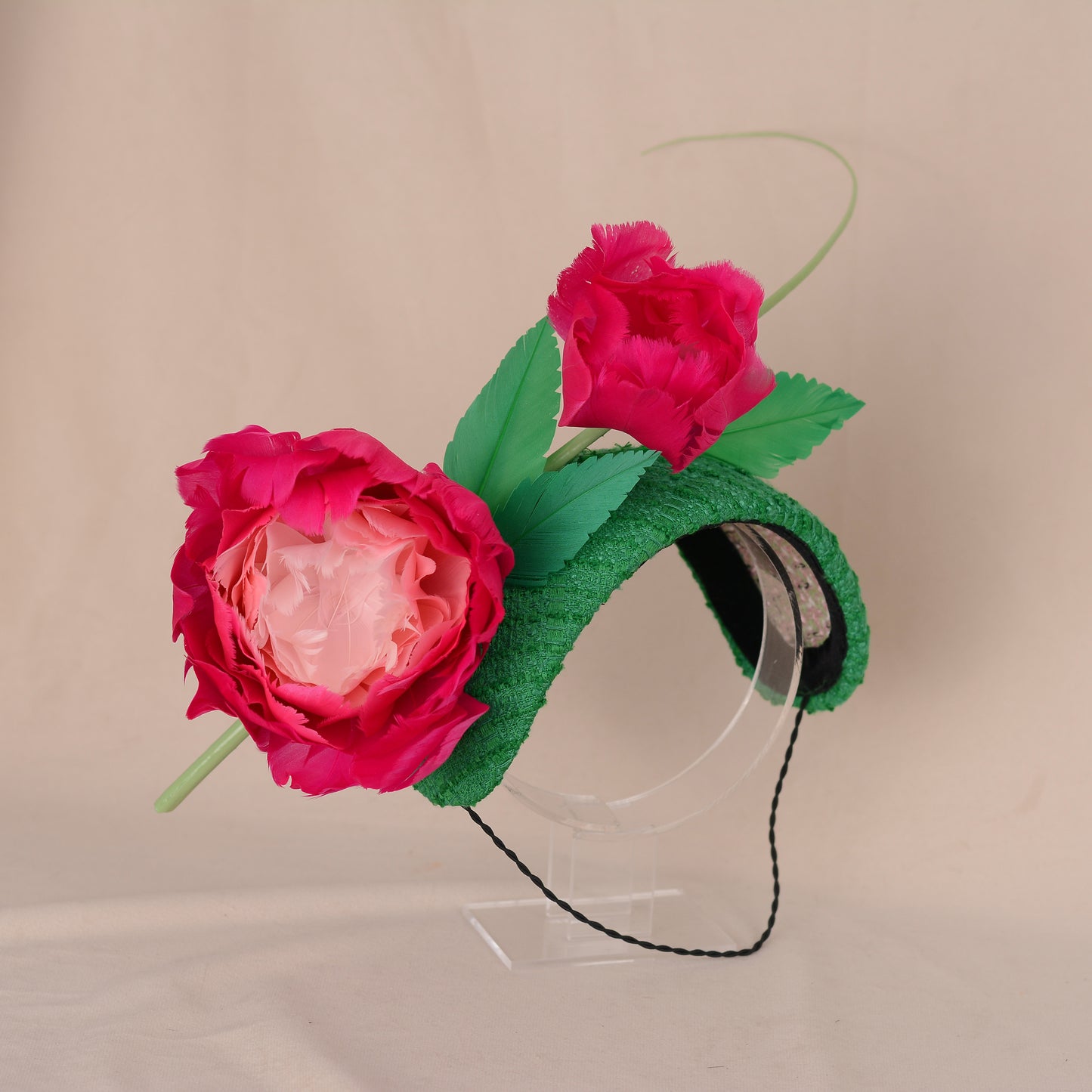 Pink and Green Giant Feather Rose Bandeau Headband Fascinator