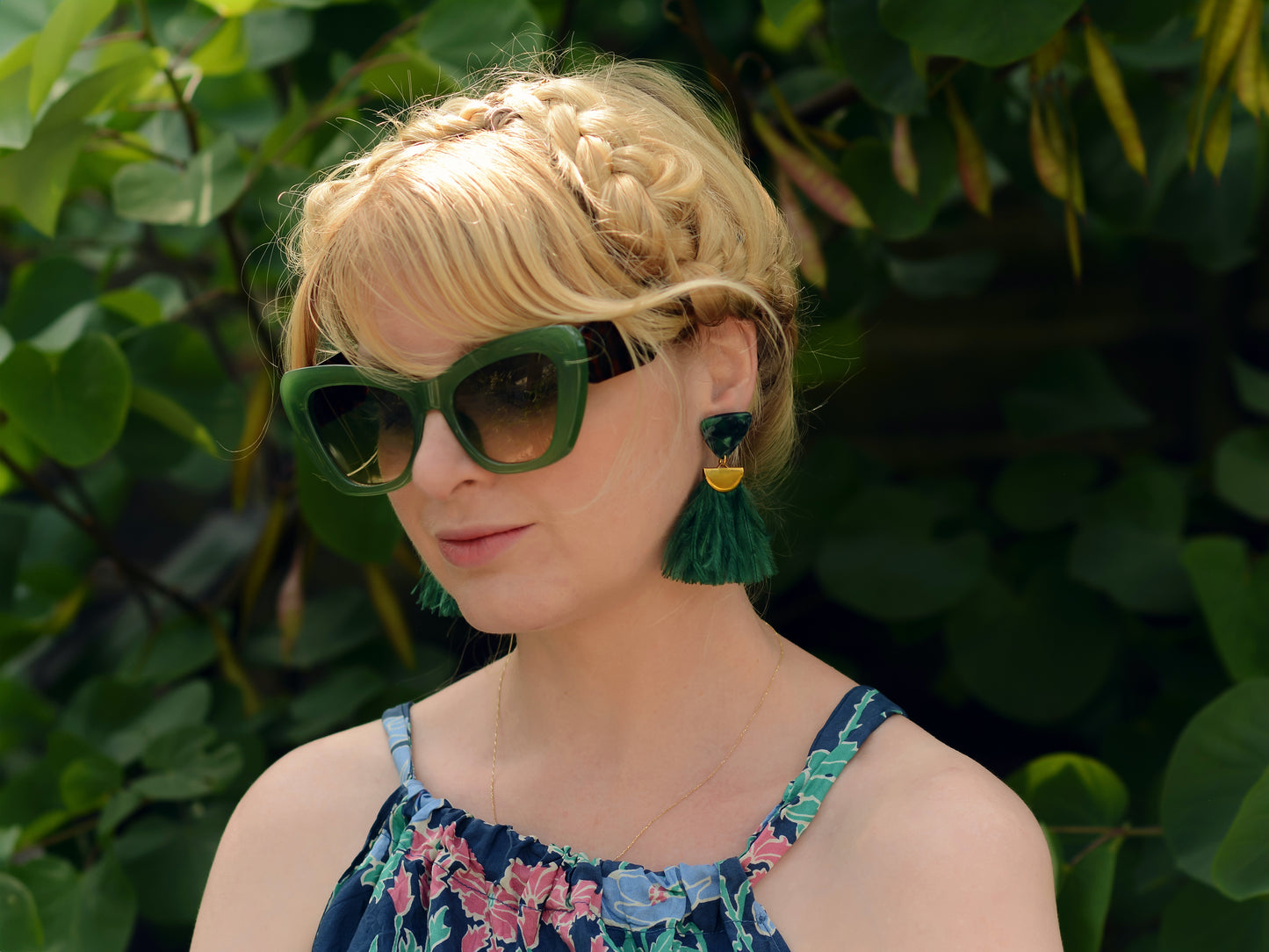 Rich Green Triangle Acetate and Ostrich Feather Tassel Earrings