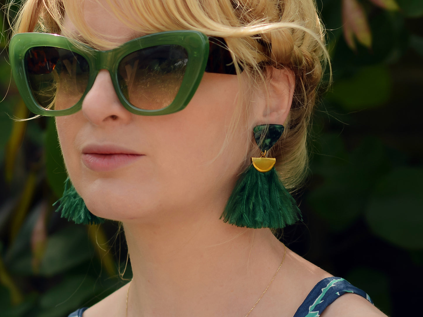 Rich Green Triangle Acetate and Ostrich Feather Tassel Earrings