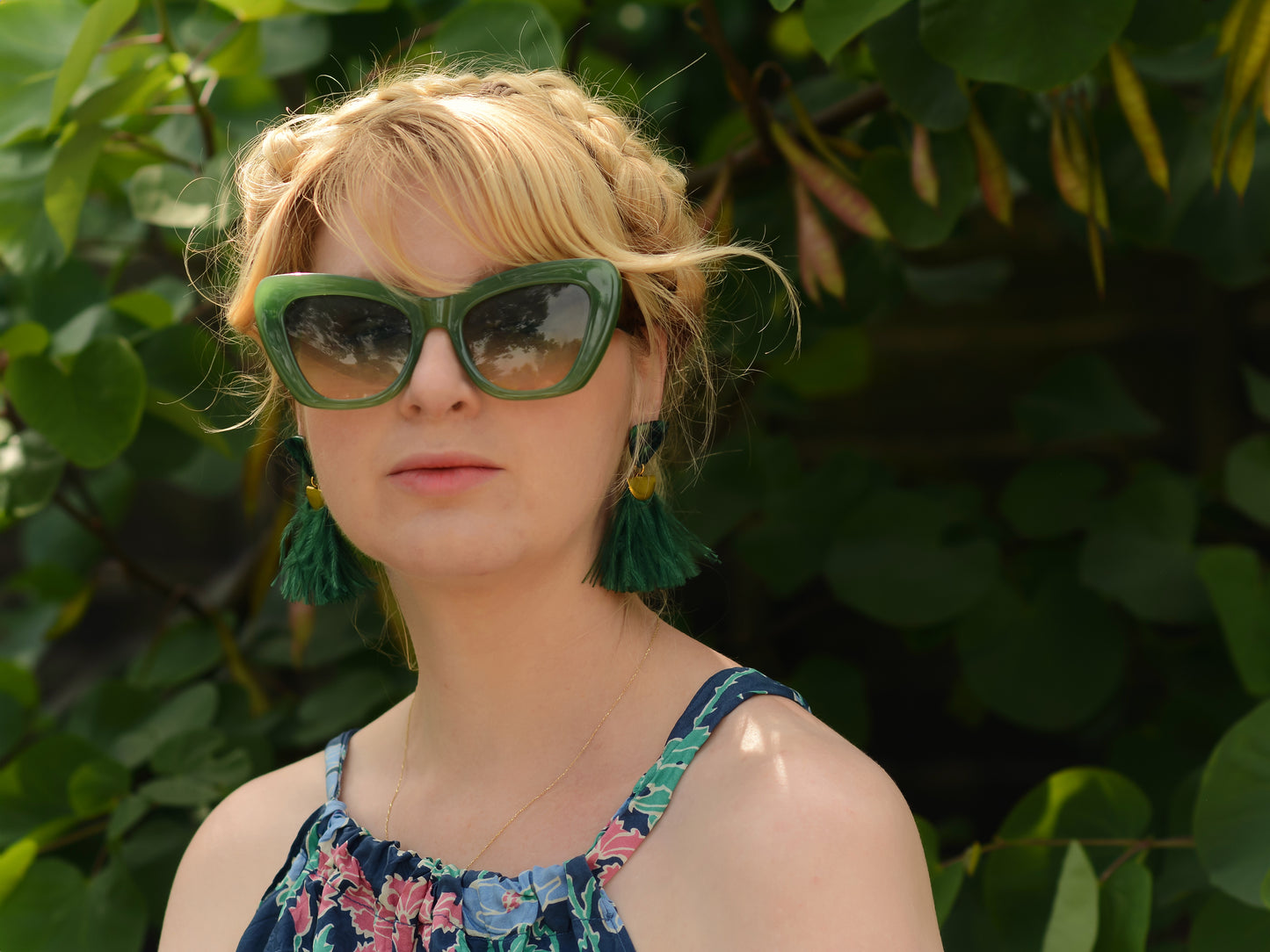Rich Green Triangle Acetate and Ostrich Feather Tassel Earrings