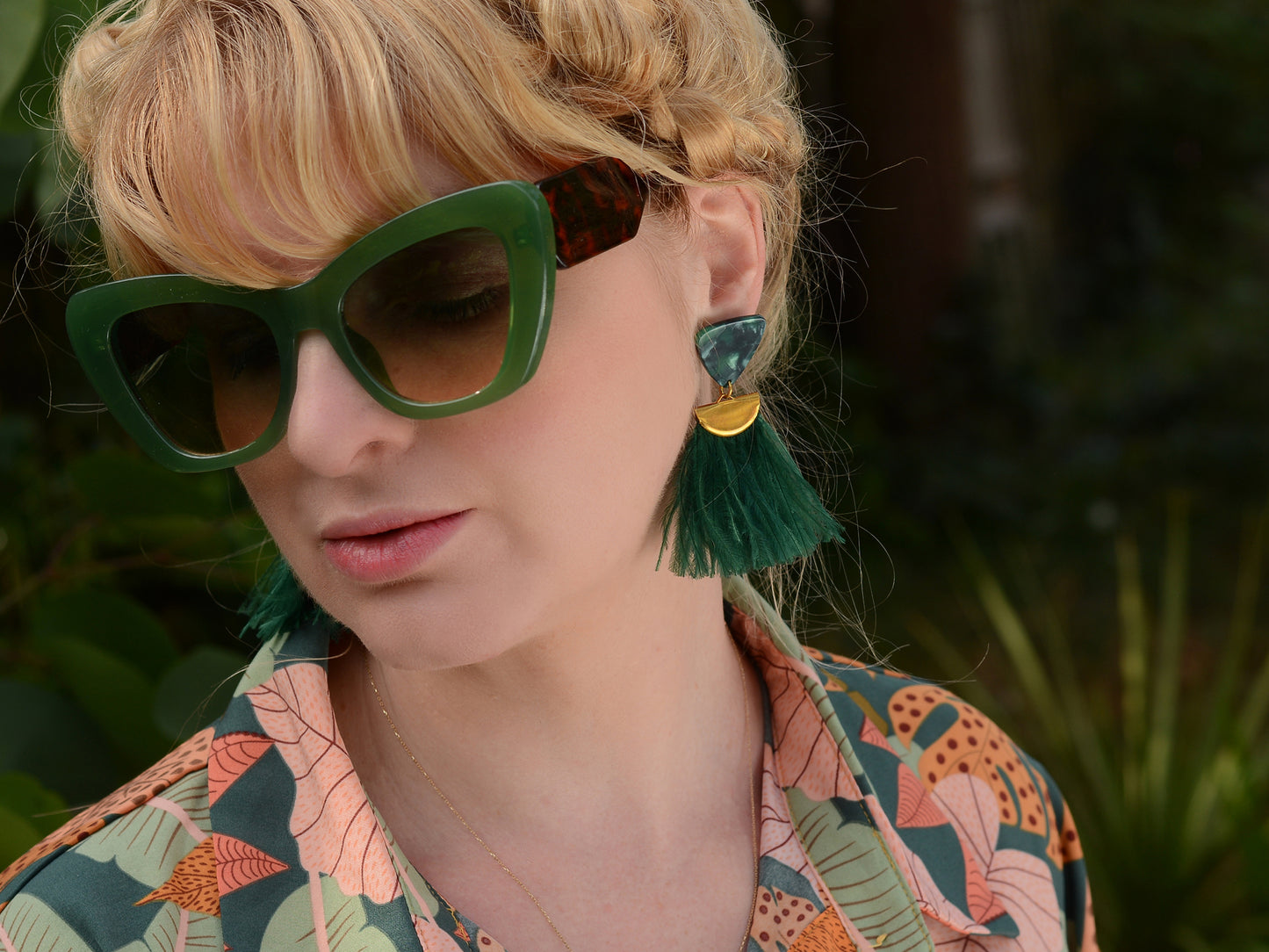 Rich Green Triangle Acetate and Ostrich Feather Tassel Earrings