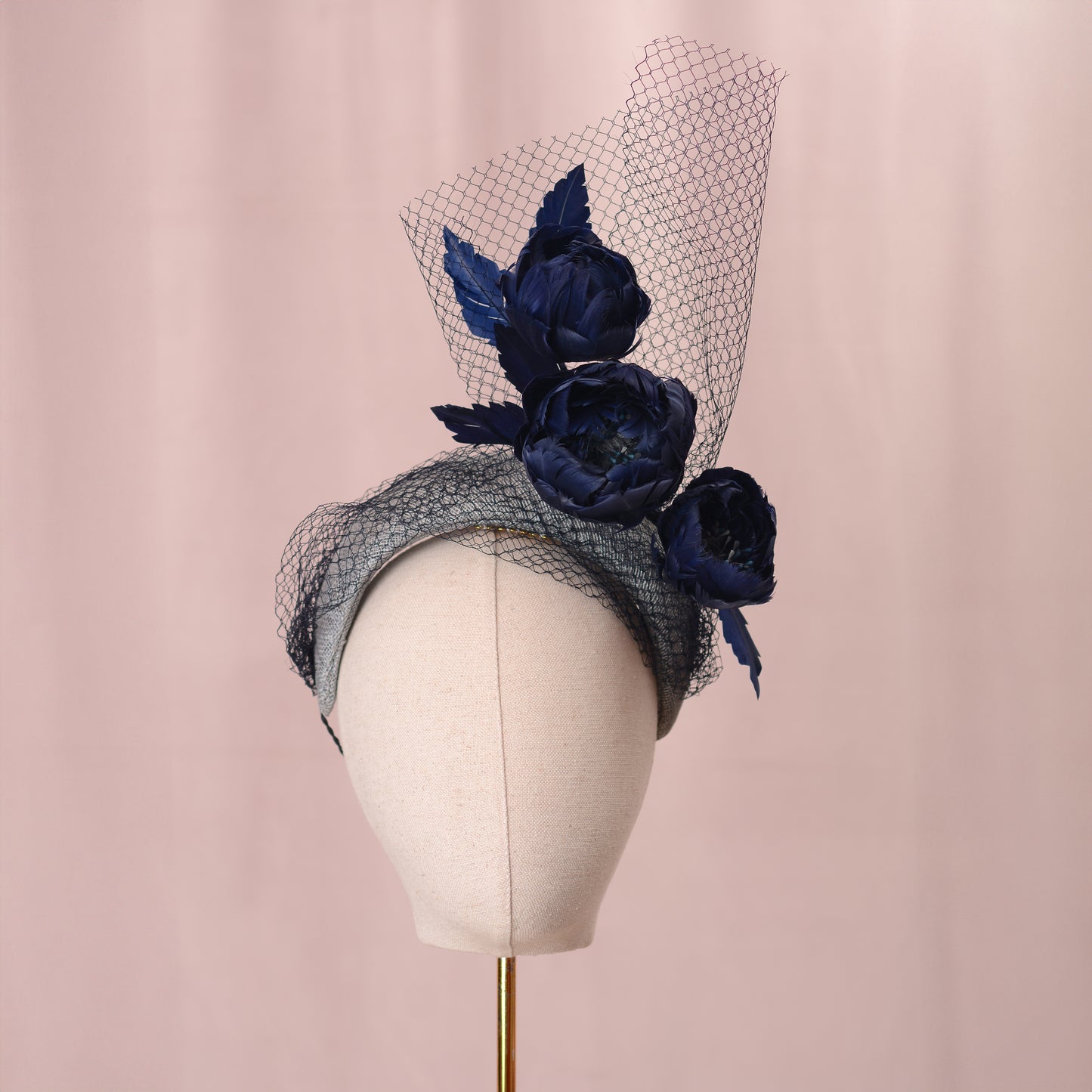 Grey and Navy Blue Bandeau Headband Fascinator with Feather Flowers and Net Veil