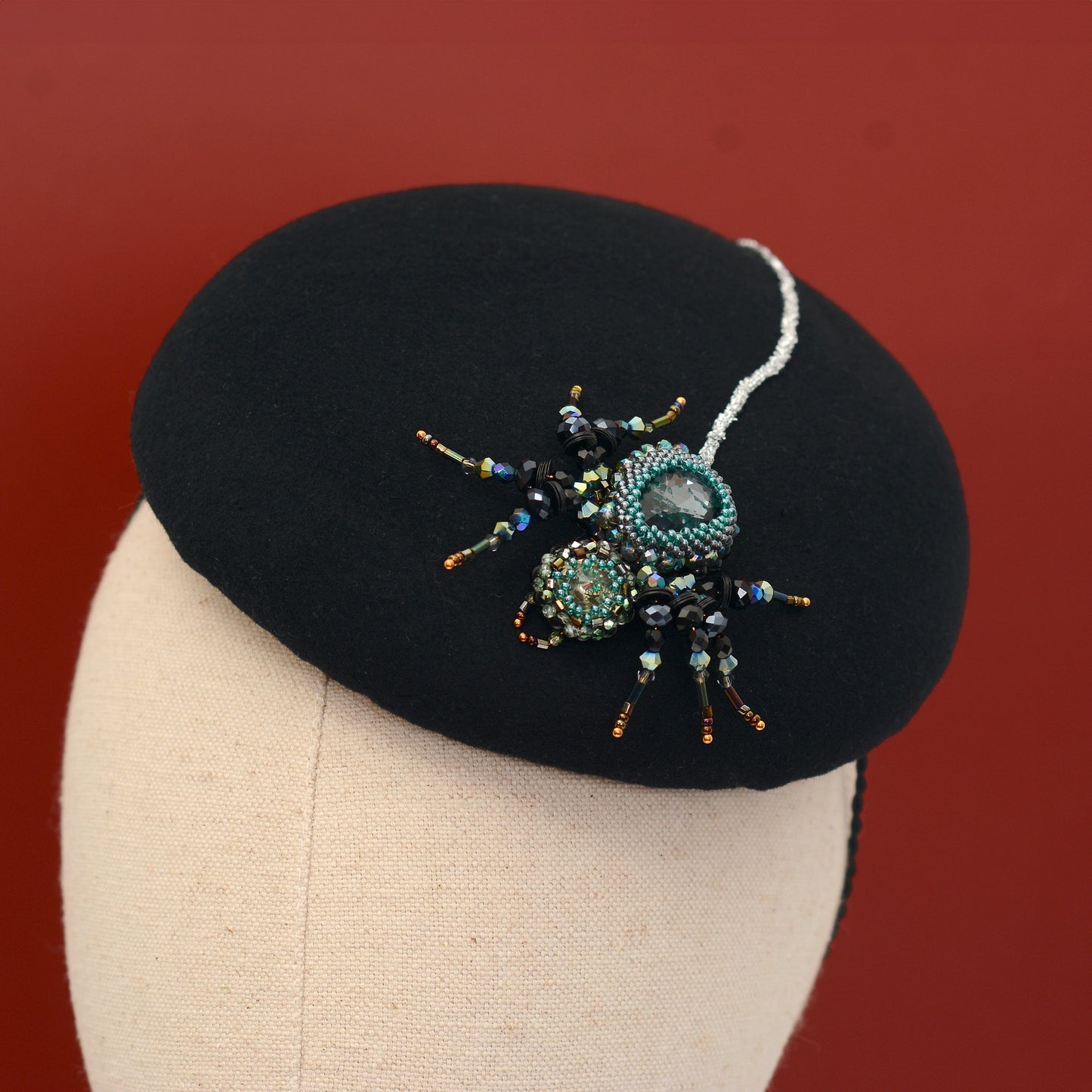 Anansi - Black Wool Jewelled Spider Beret