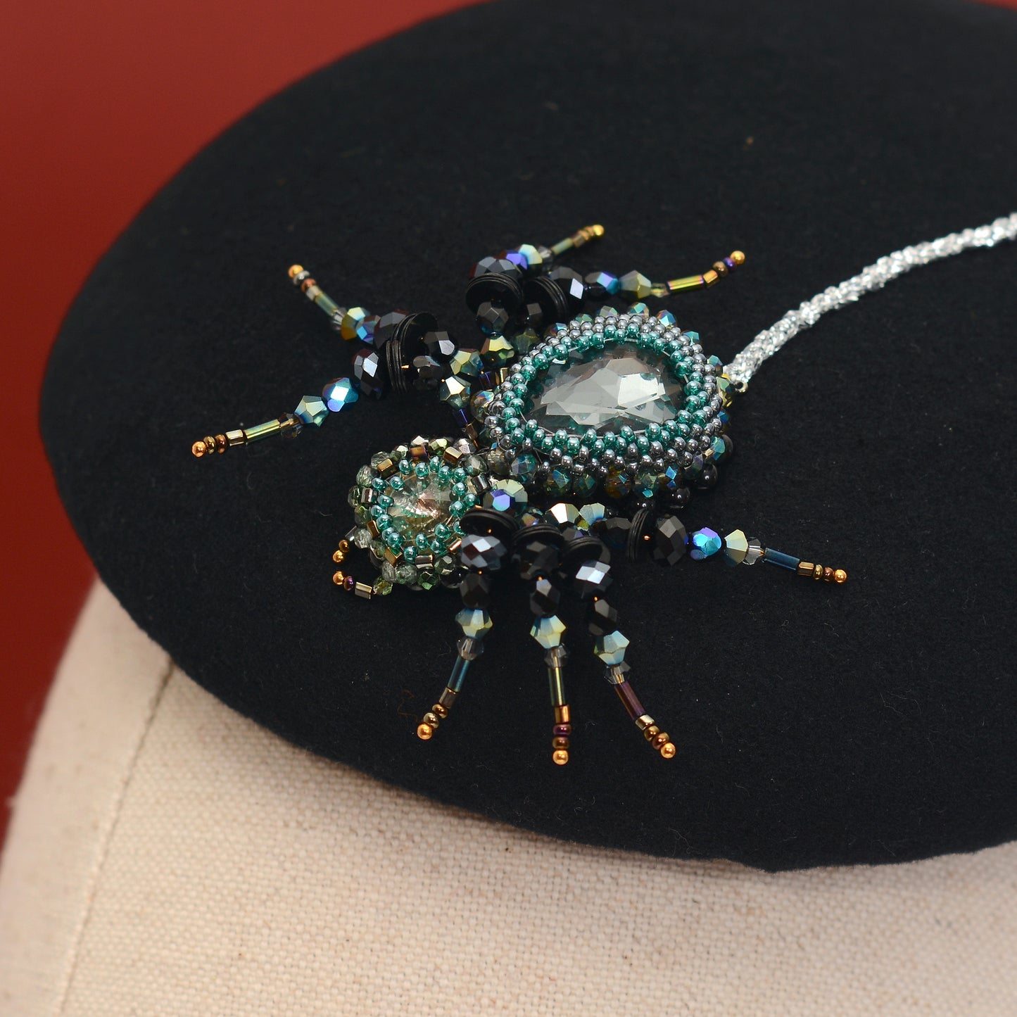 Anansi - Black Wool Jewelled Spider Beret