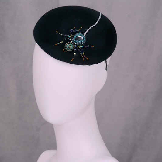 Anansi - Black Wool Jewelled Spider Beret