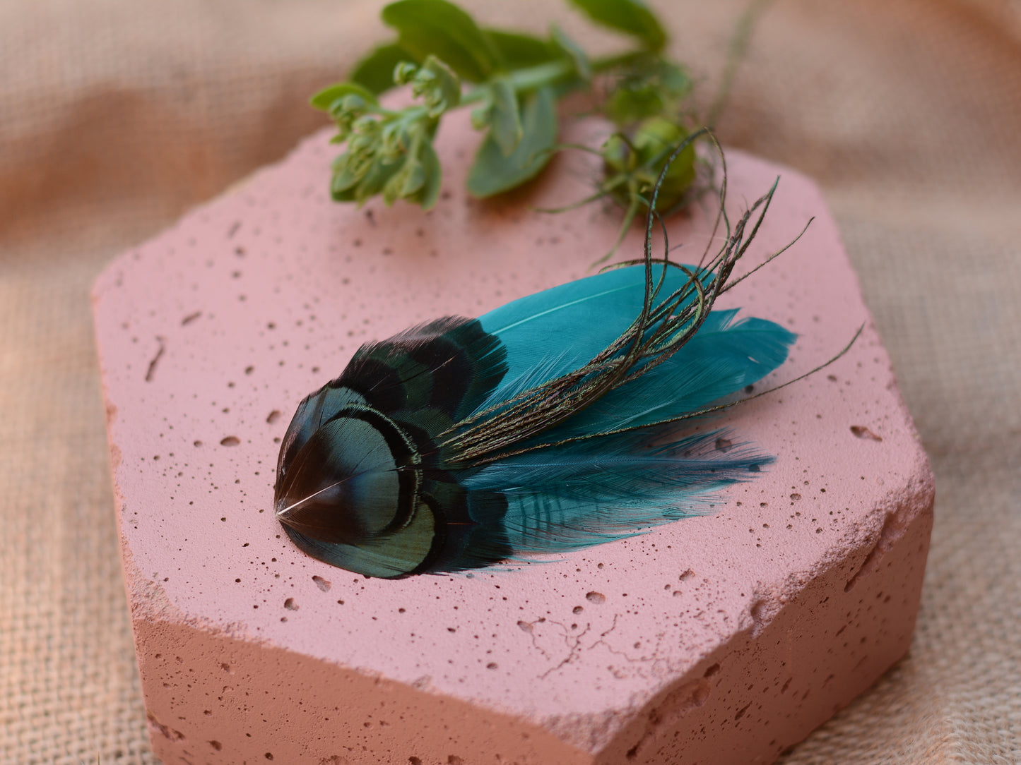 Teal and Green Feather Hair Clip No.01