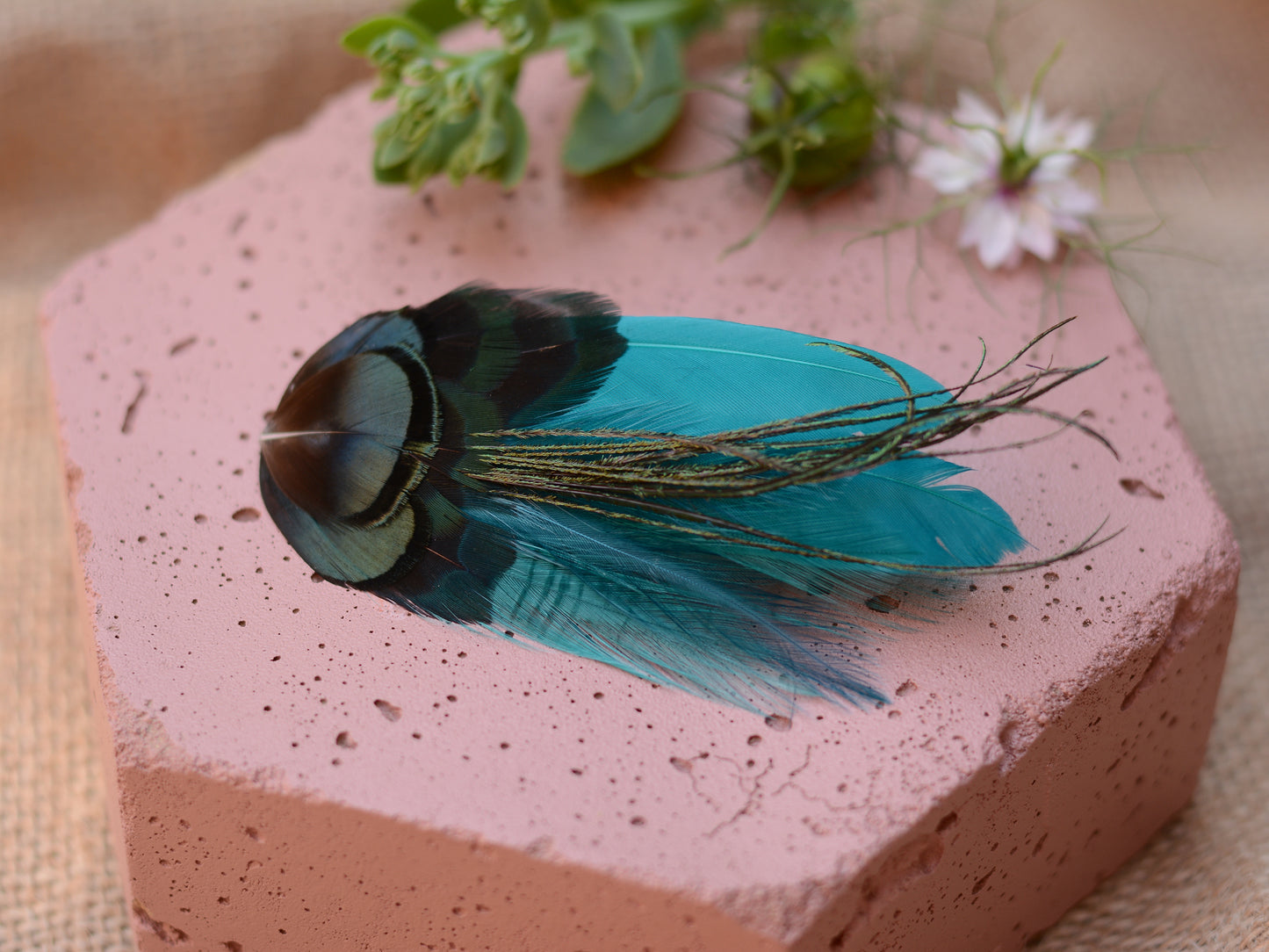 Teal and Green Feather Hair Clip No.01