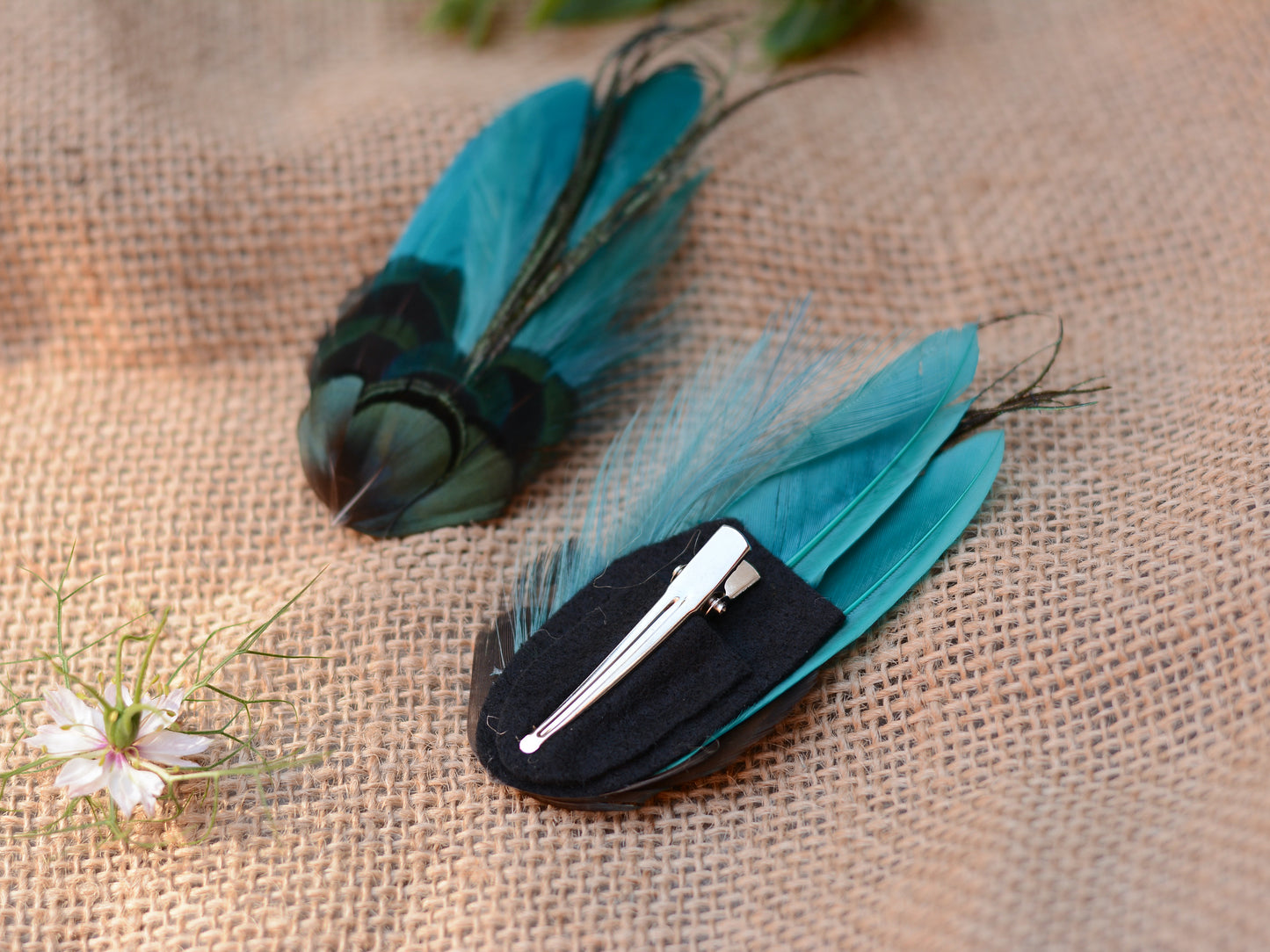 Teal and Green Feather Hair Clip No.01
