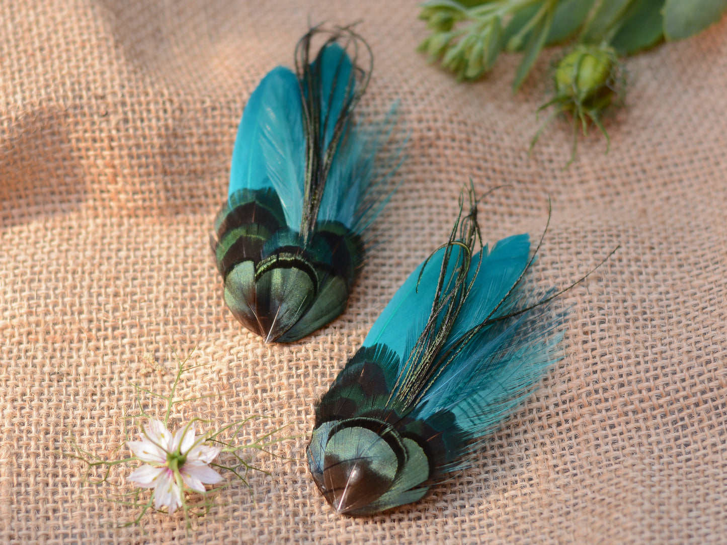 Teal and Green Feather Hair Clip No.01