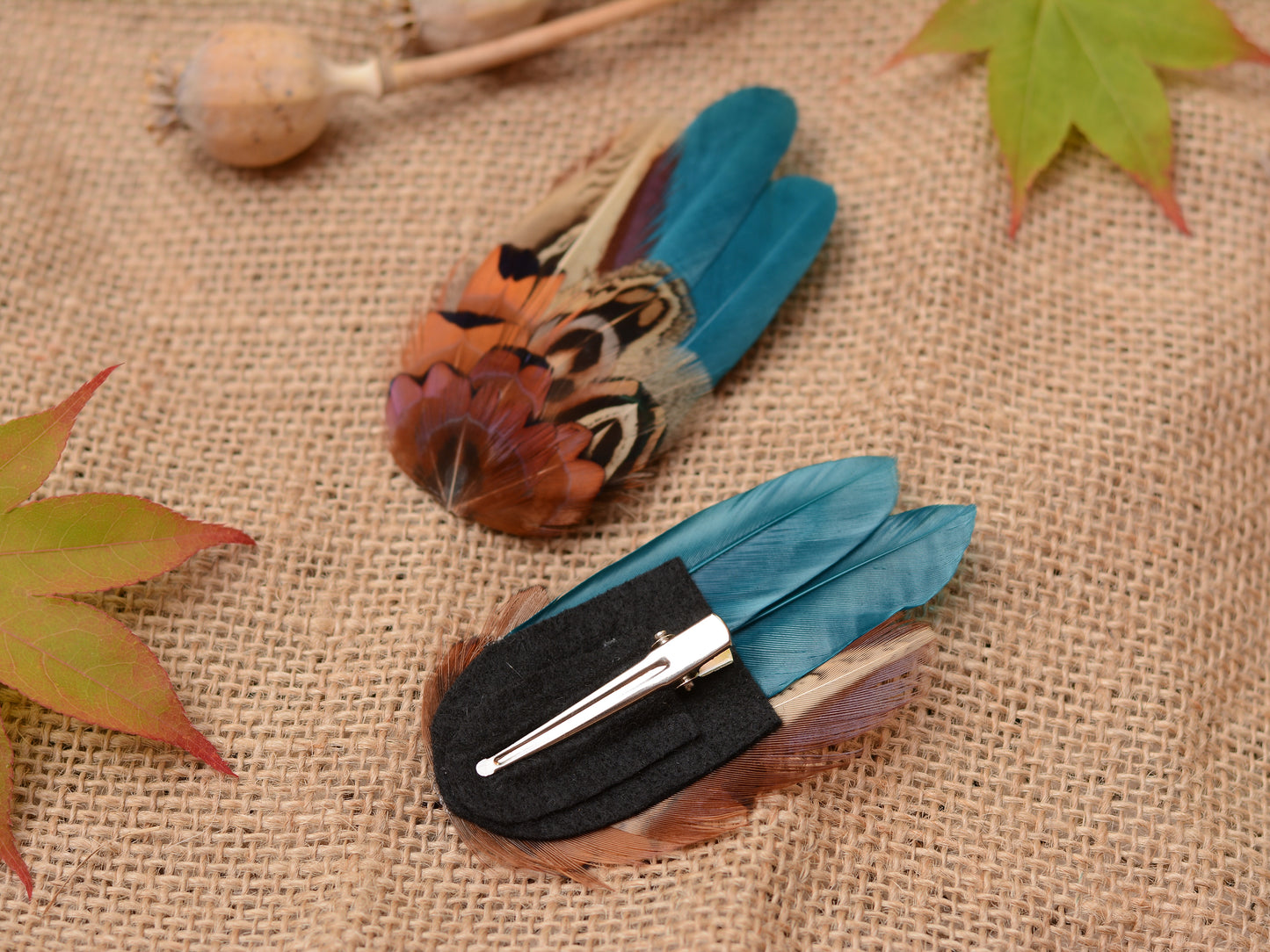 Small Teal and Copper Pheasant Feather Hair Clip No.4