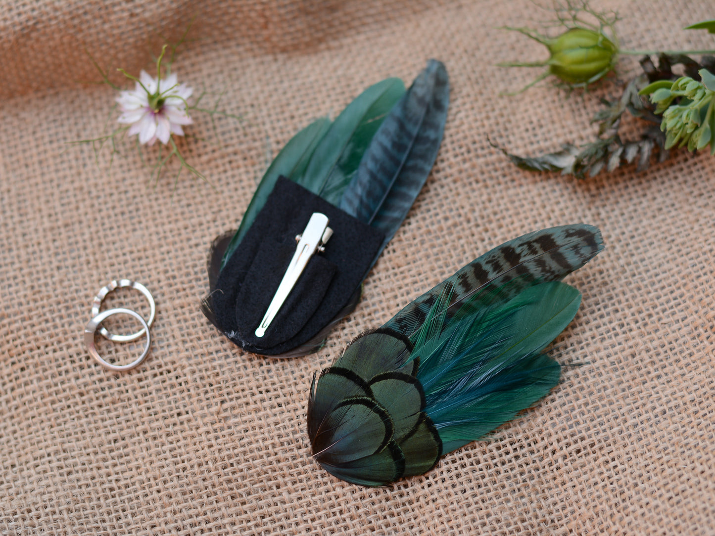 Dark Green Pheasant Feather Hair Clip No.50