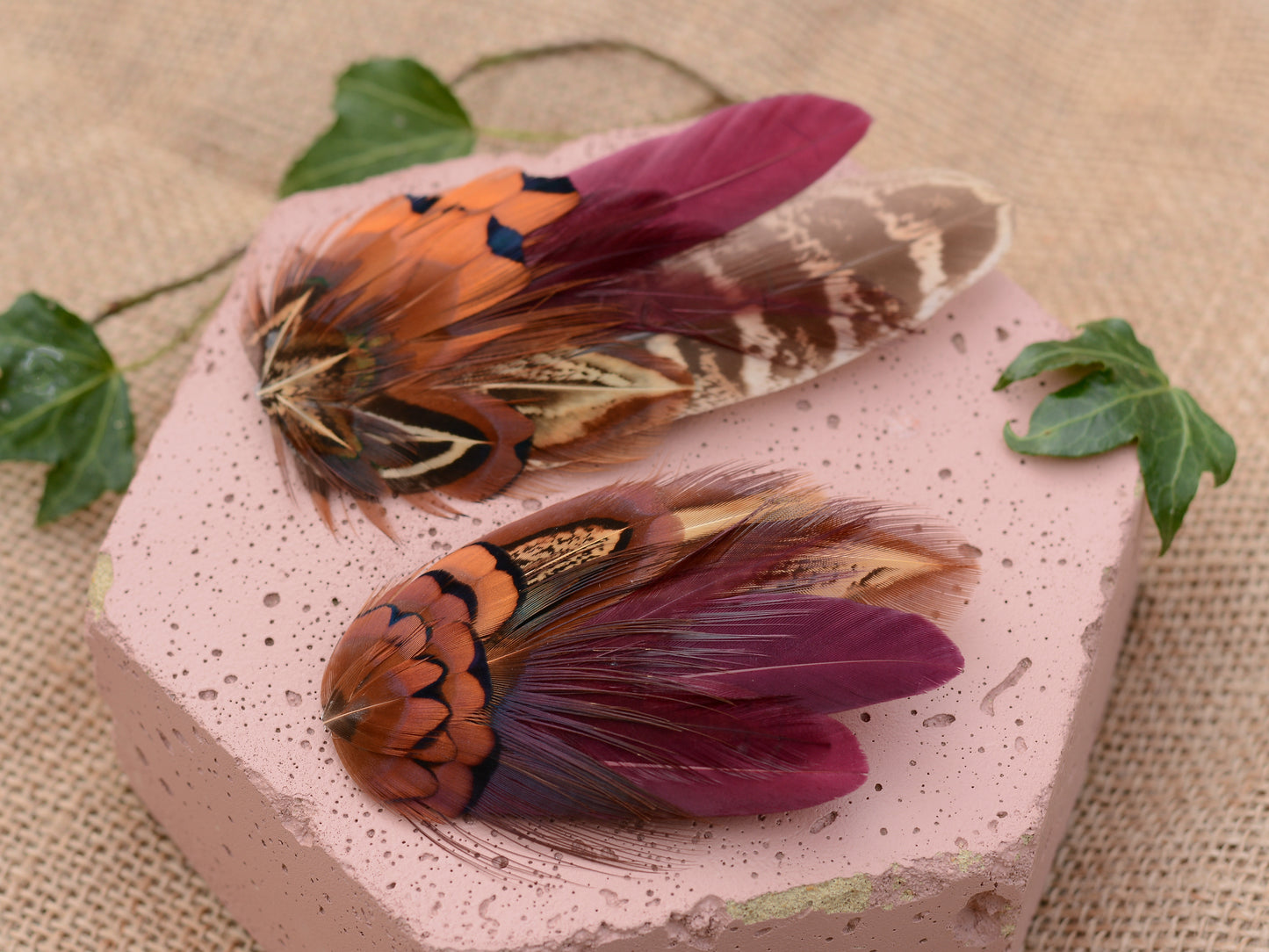 Pheasant Feather Hair Clip in Plum Purple and Copper