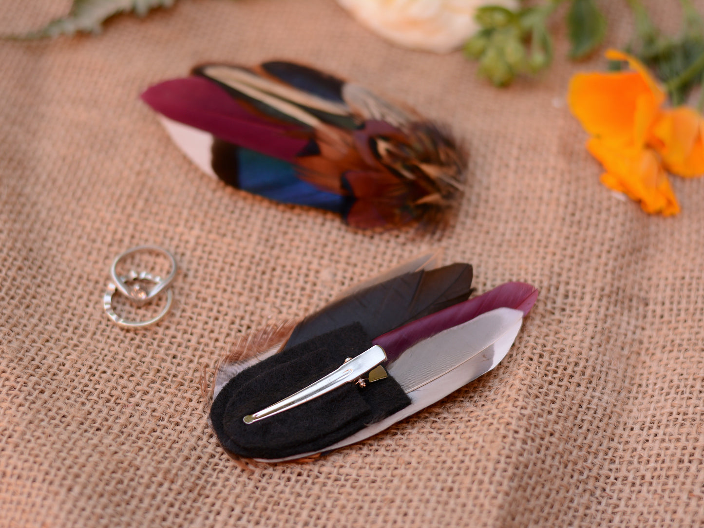 Feather Hair Clip in Navy Blue and Burgundy Pheasant and Duck Feathers No.77