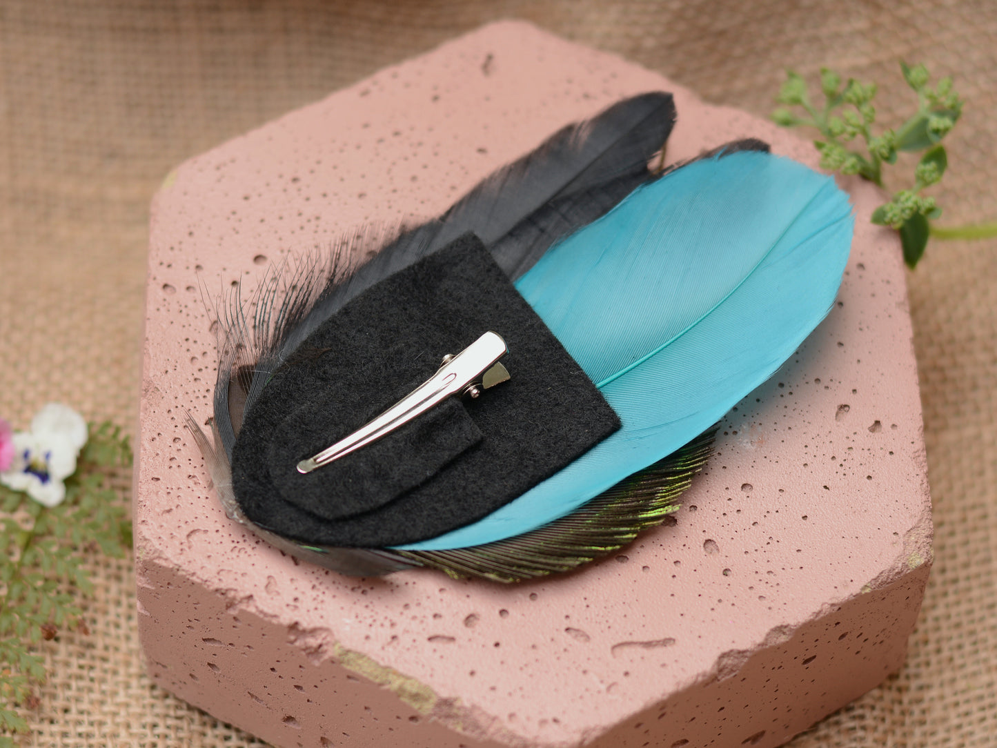 Teal and Peacock Feather Hair Clip No.83