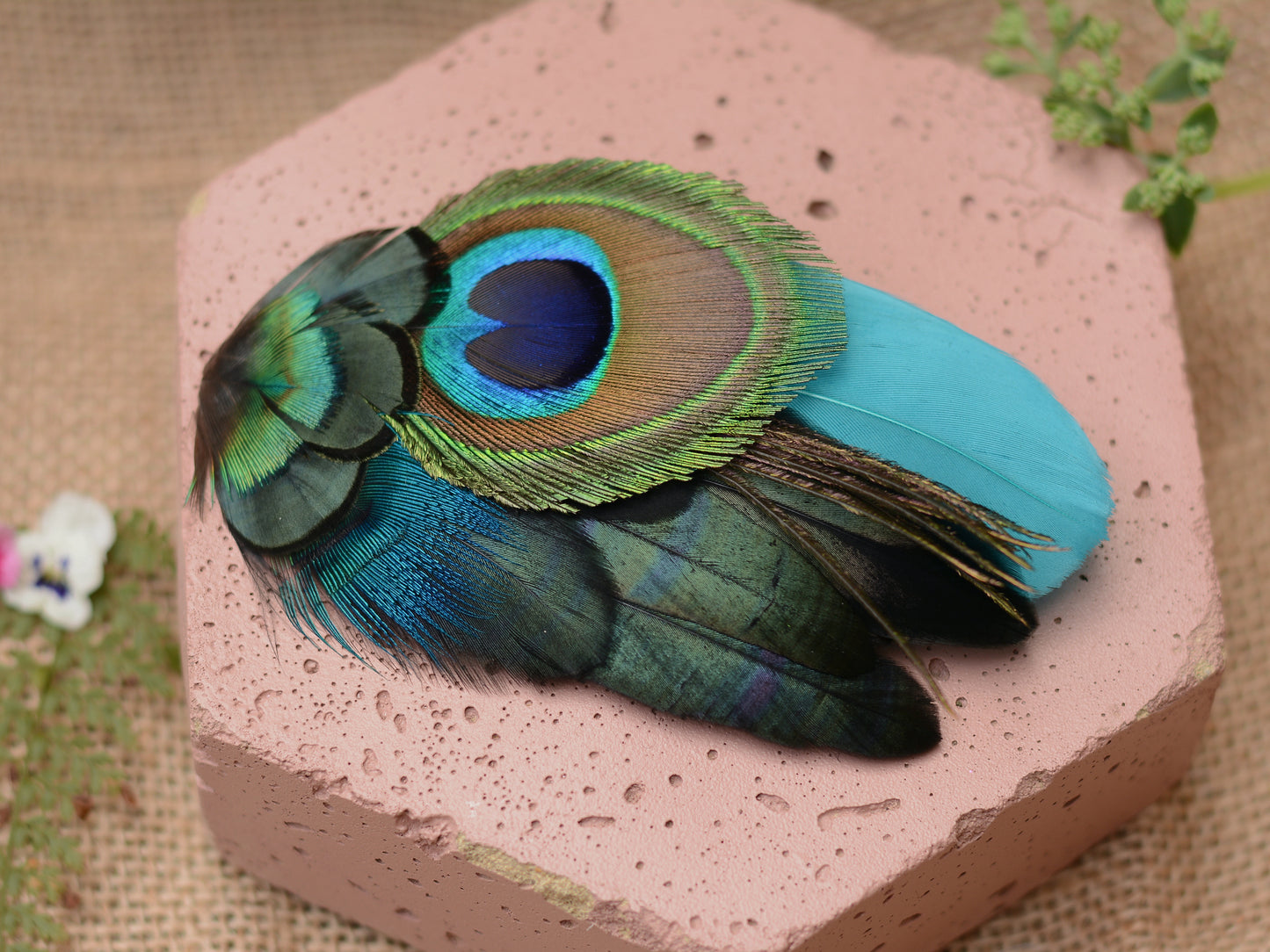 Teal and Peacock Feather Hair Clip No.83