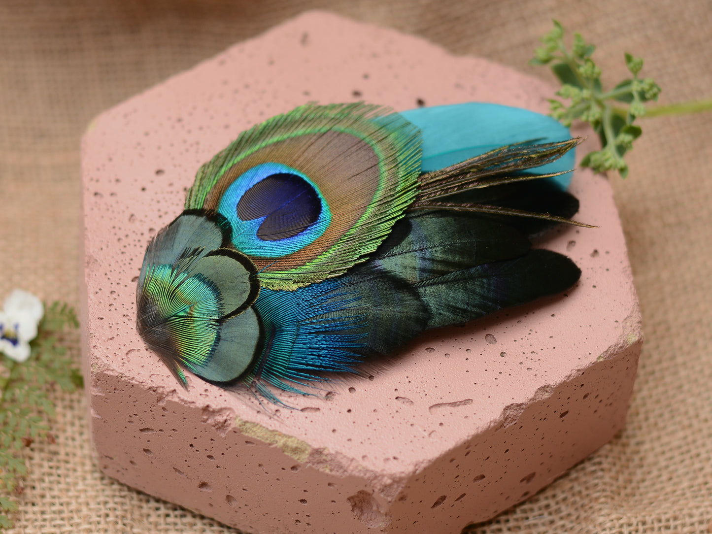 Teal and Peacock Feather Hair Clip No.83