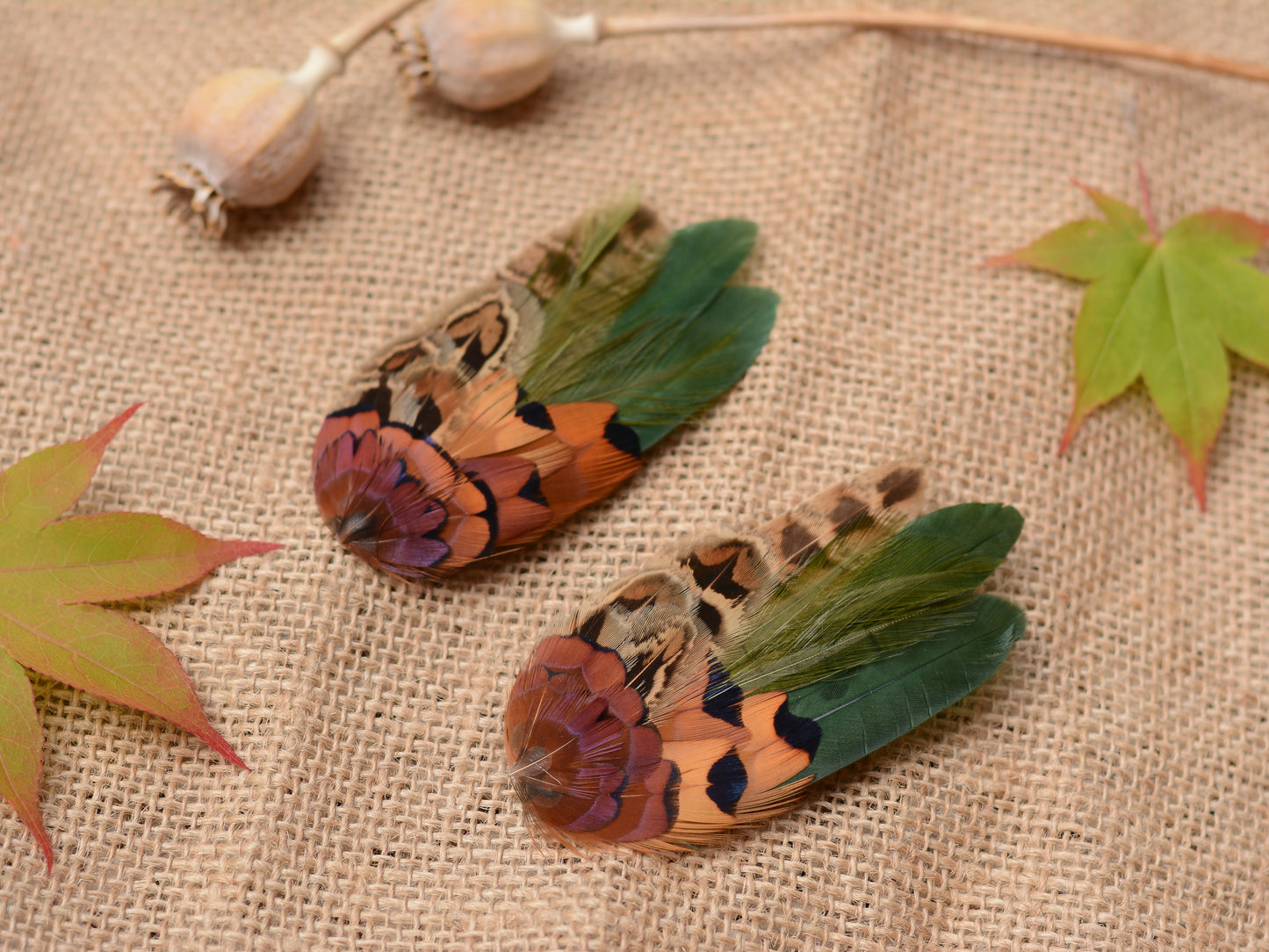 Small Green and Copper Pheasant Feather Hair Clip No.085