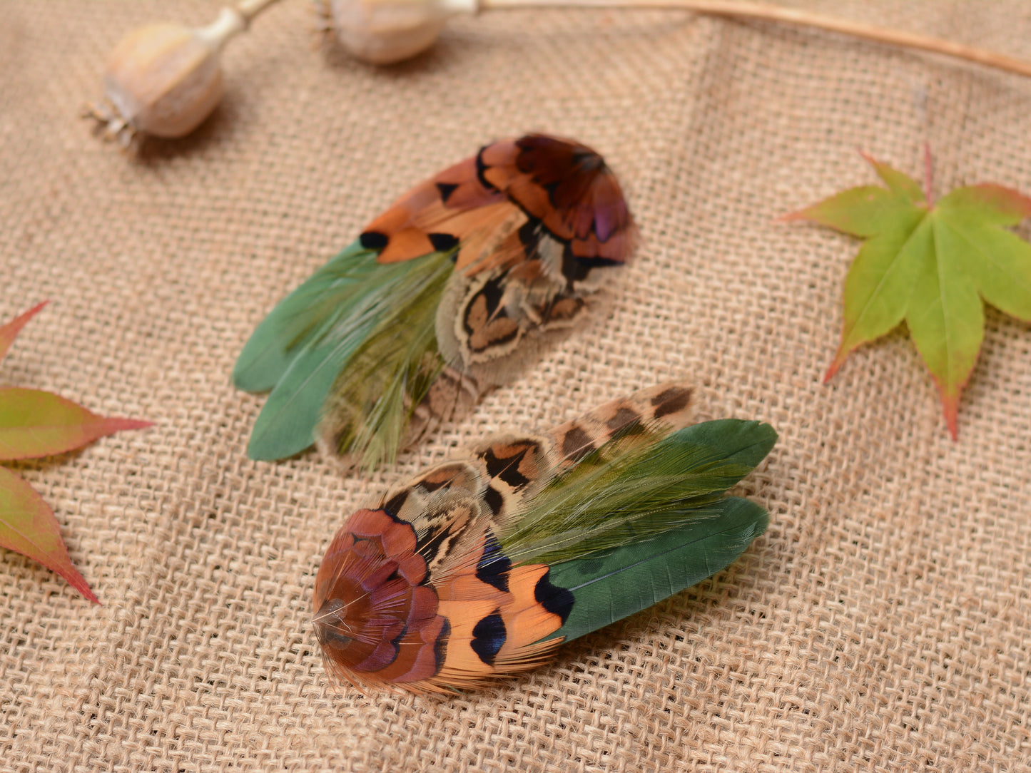 Small Green and Copper Pheasant Feather Hair Clip No.085