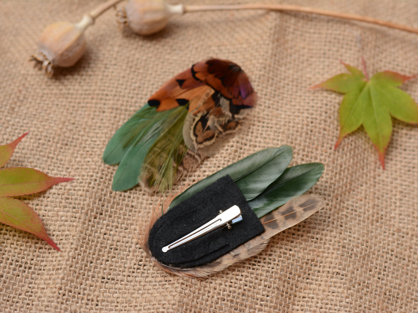 Small Green and Copper Pheasant Feather Hair Clip No.085
