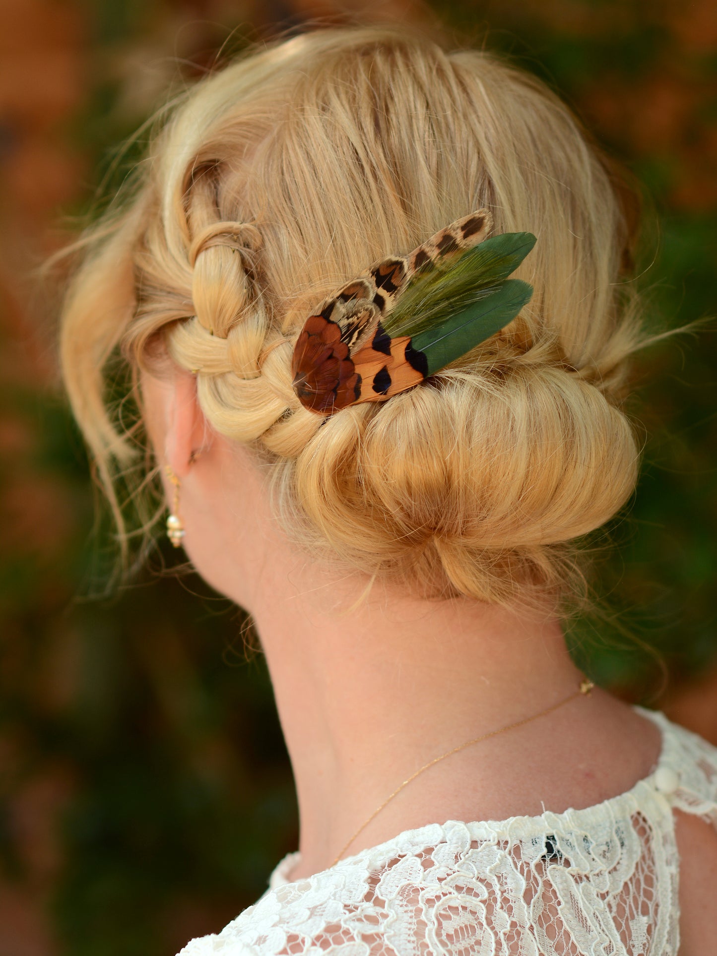 Small Green and Copper Pheasant Feather Hair Clip No.085
