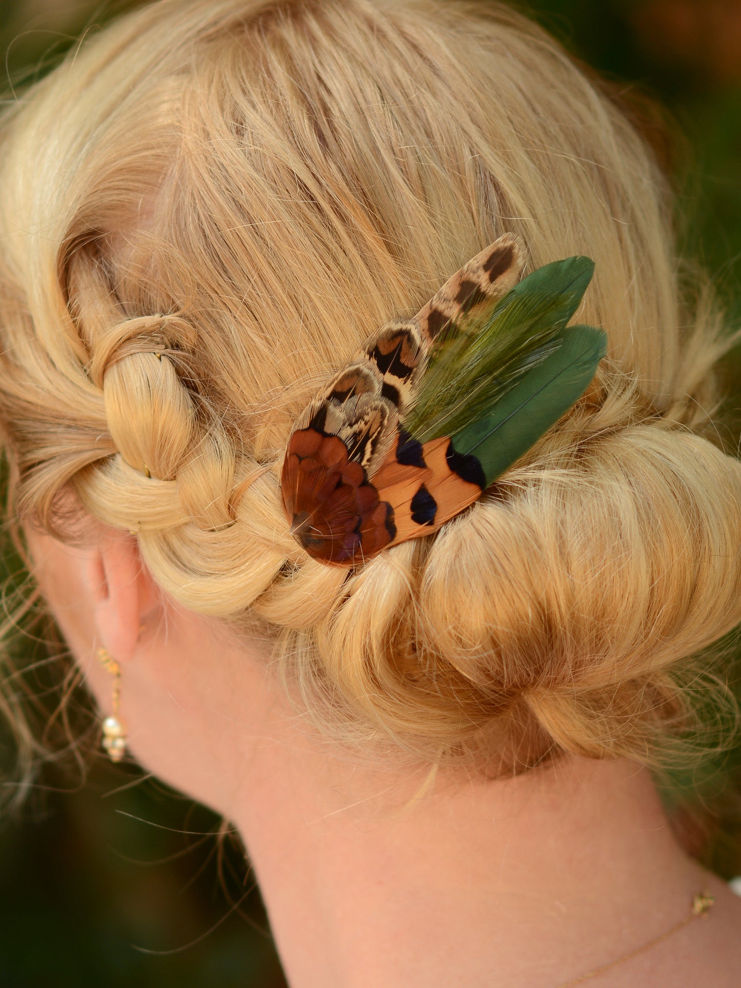 Small Green and Copper Pheasant Feather Hair Clip No.085