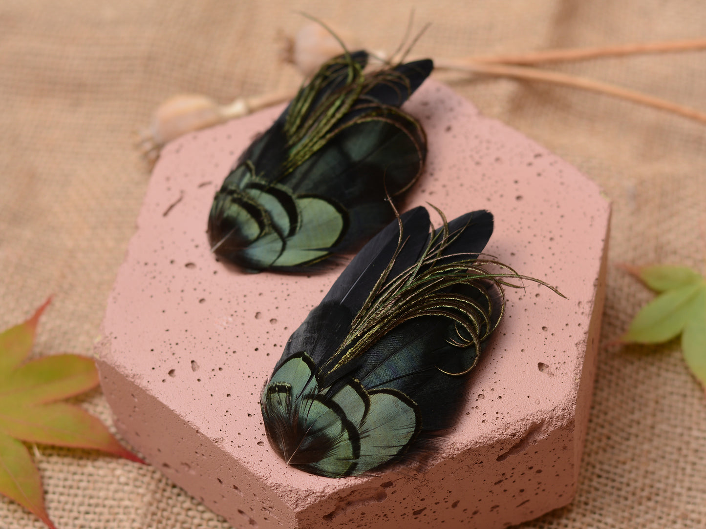 Black and Green Feather Hair Clip Small