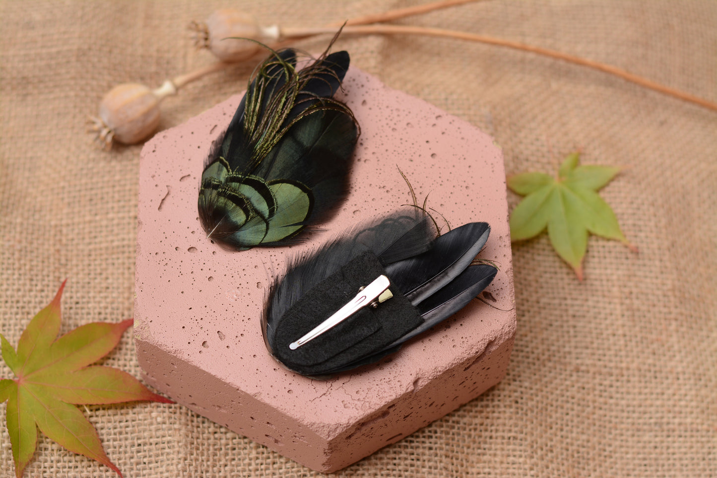 Black and Green Feather Hair Clip Small