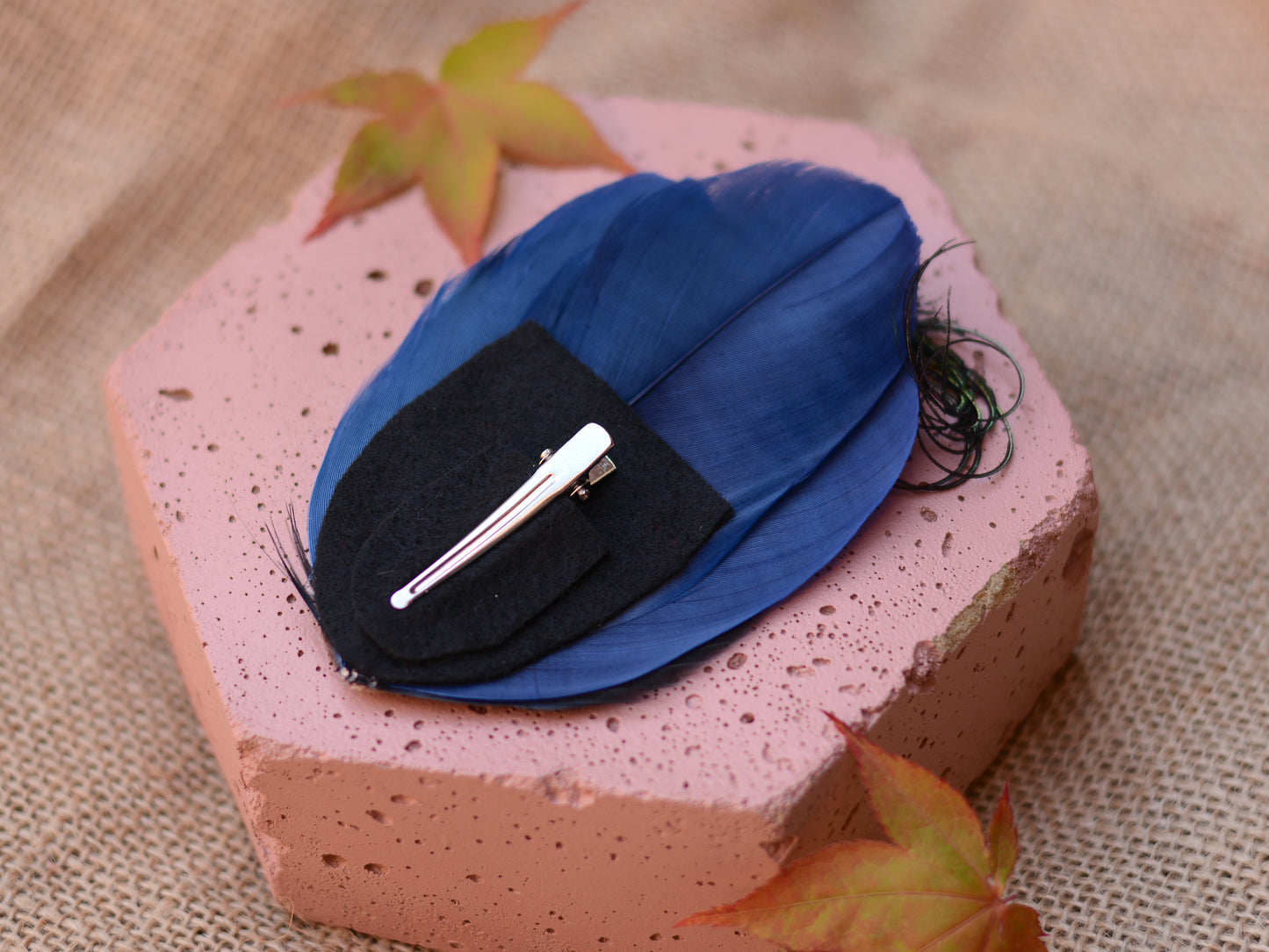 Navy Blue and Peacock Feather Hair Clip No.89
