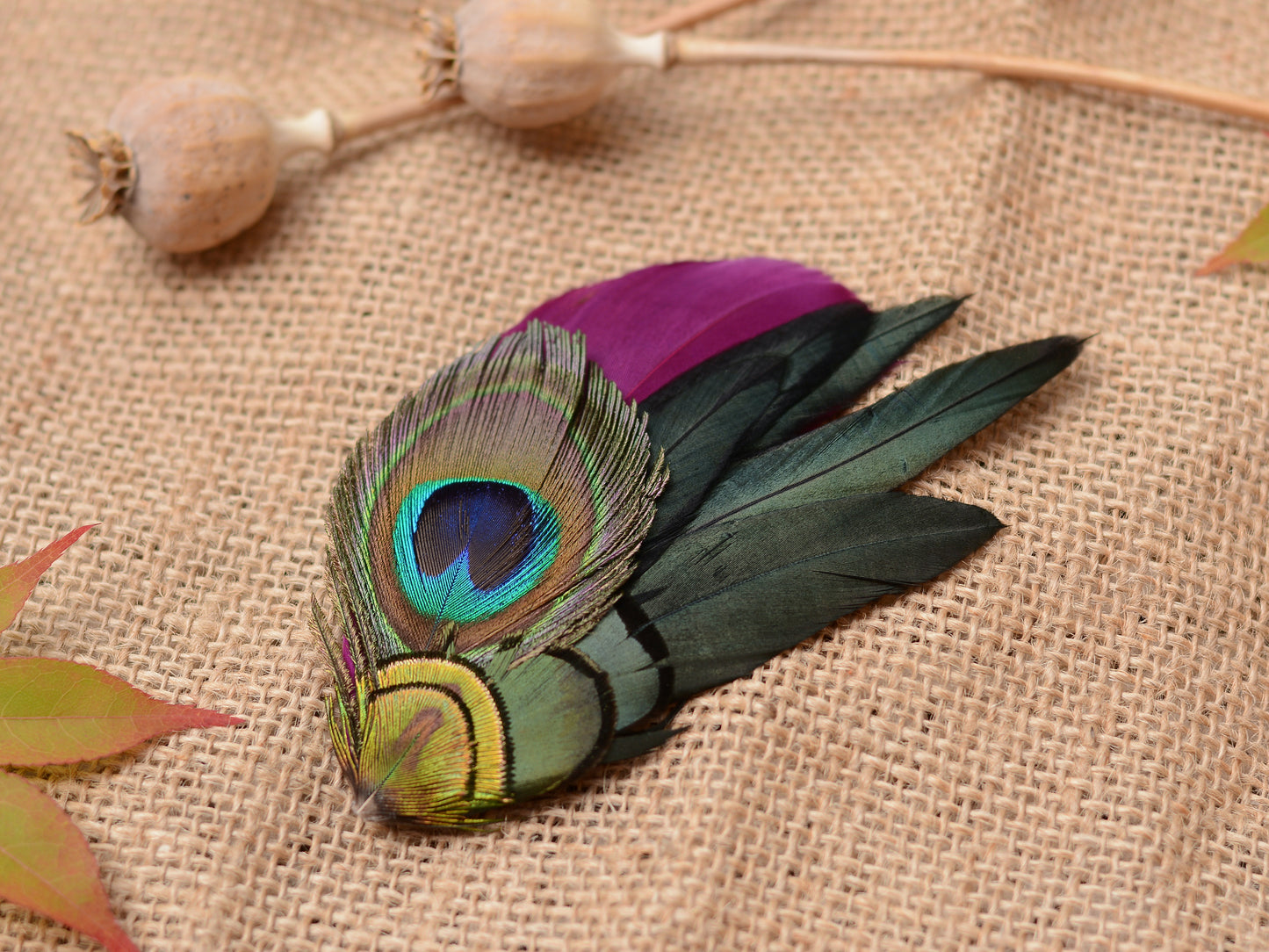 Plum and Peacock Feather Hair Clip No.092
