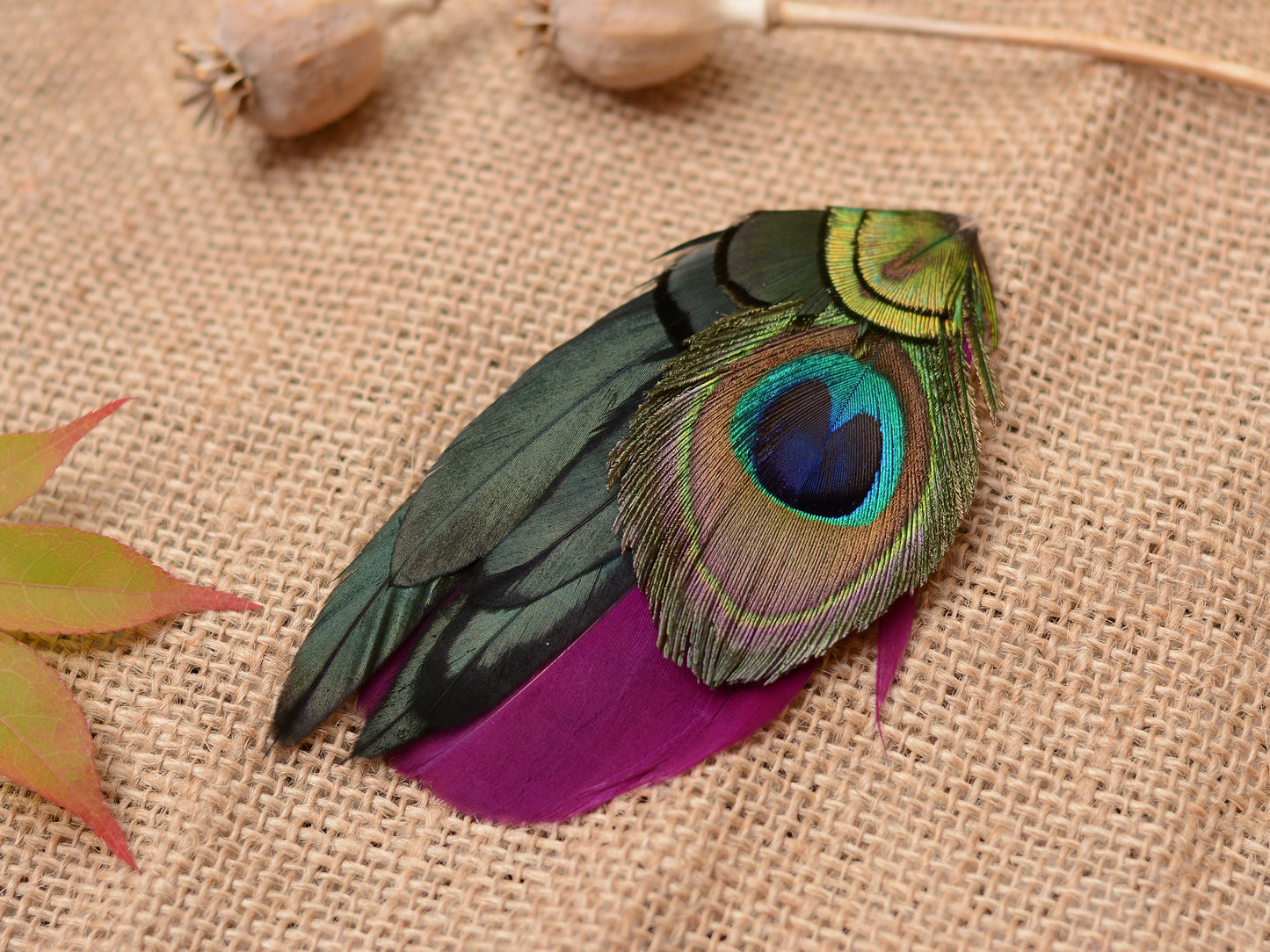 Plum and Peacock Feather Hair Clip No.092