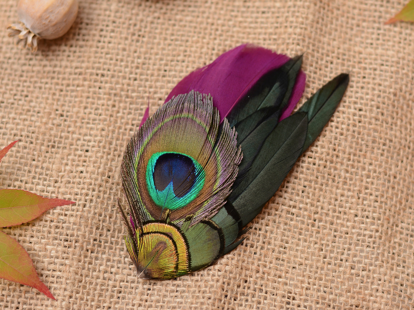 Plum and Peacock Feather Hair Clip No.092