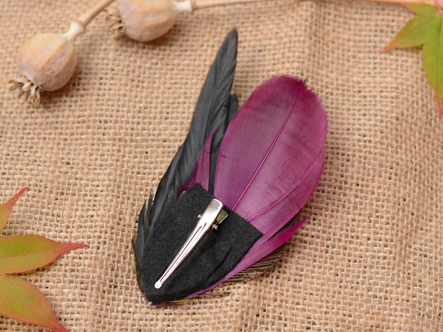 Plum and Peacock Feather Hair Clip No.092
