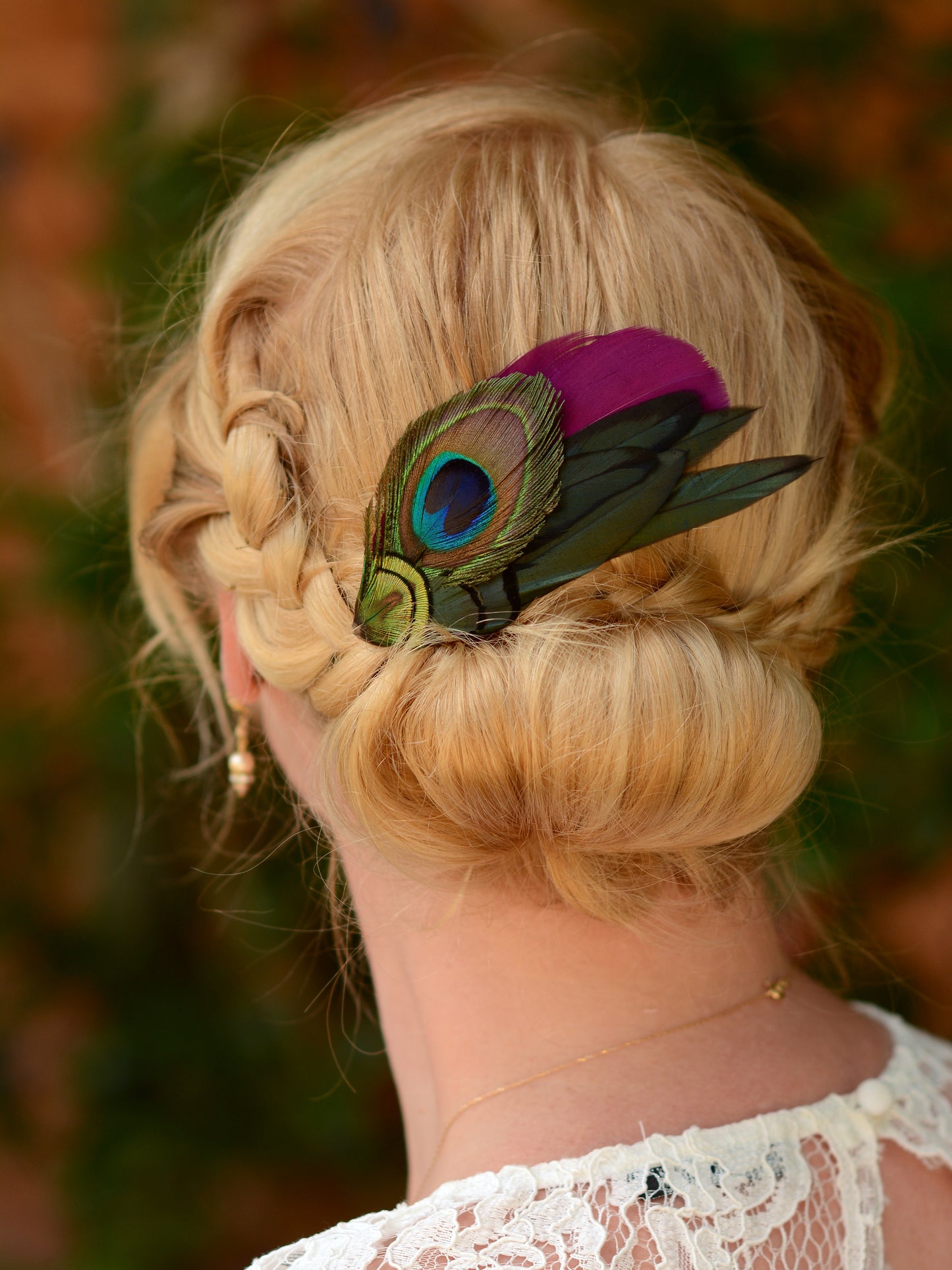 Plum and Peacock Feather Hair Clip No.092