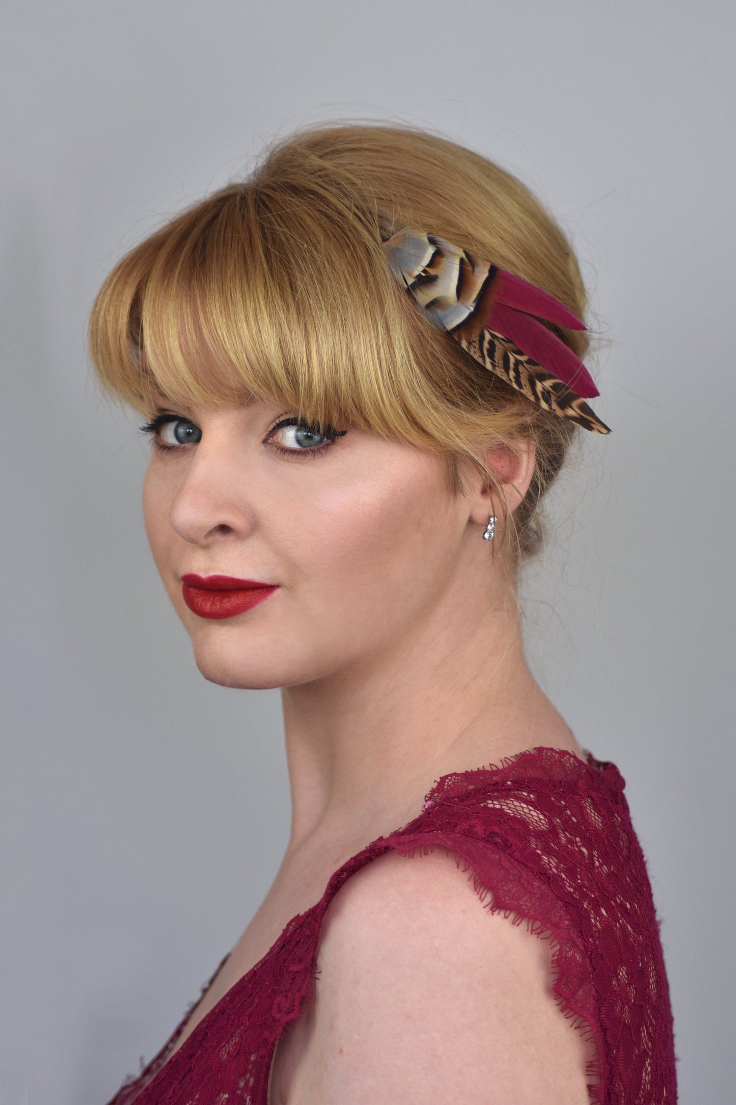 Burgundy, Partridge and Pheasant Feather Hair Clip | Pheasant Feather Fascinator | Feather Headpiece | Bridesmaid Hair Clip
