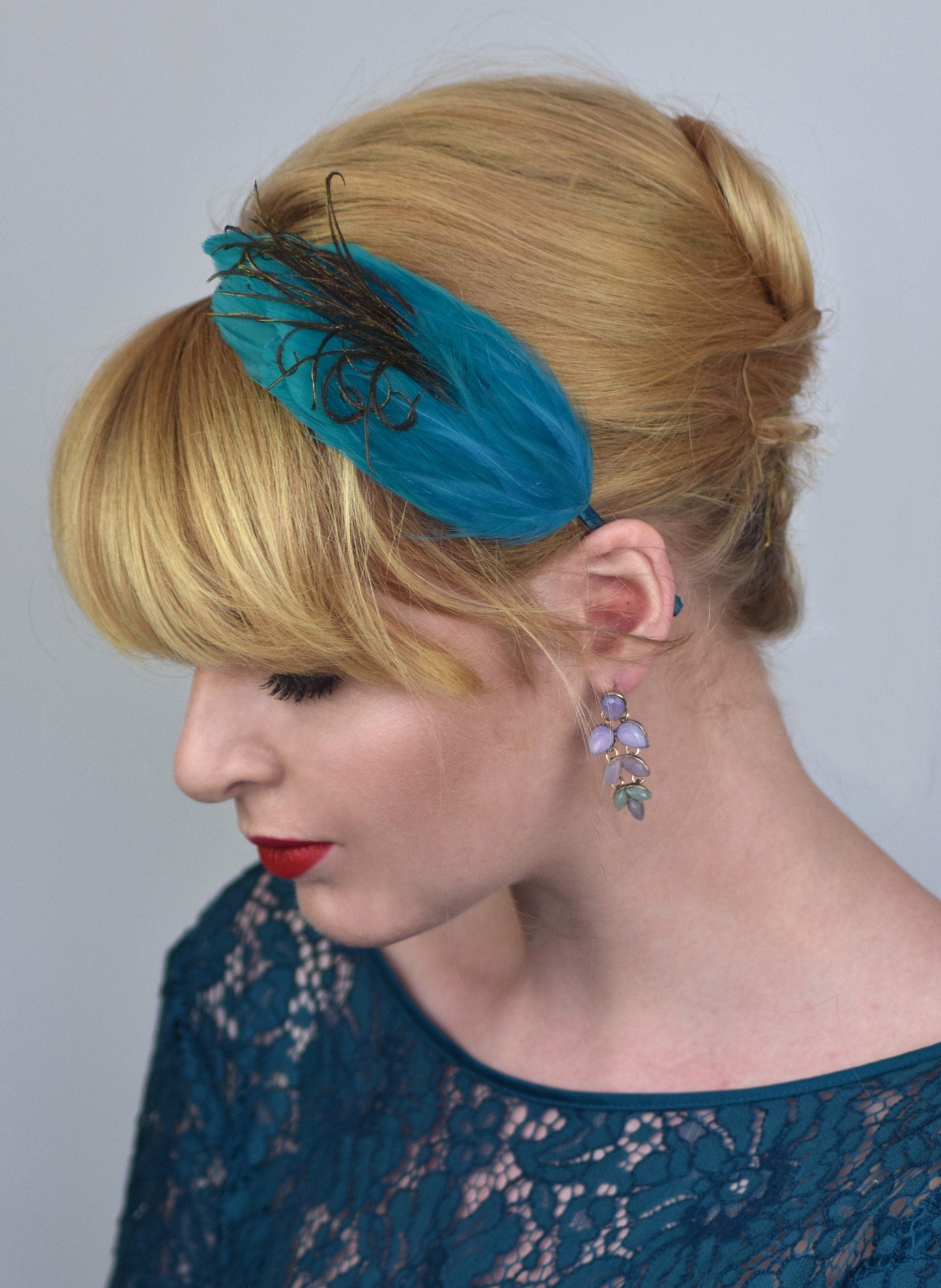 Side Perching Feather Fascinator Headband in Teal, Navy Blue, Plum, Red or Black | Feather Headpiece | Feather Fascinator