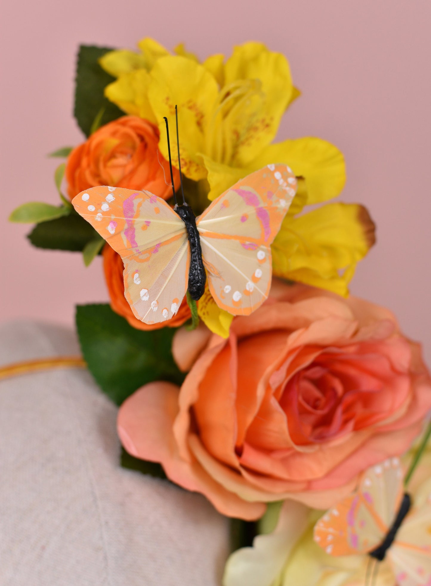 Sculptural Roses and Butterflies Headpiece in Yellow and Orange | Flower Crown | Flower Headband | Wedding Headpiece | Races Headpiece