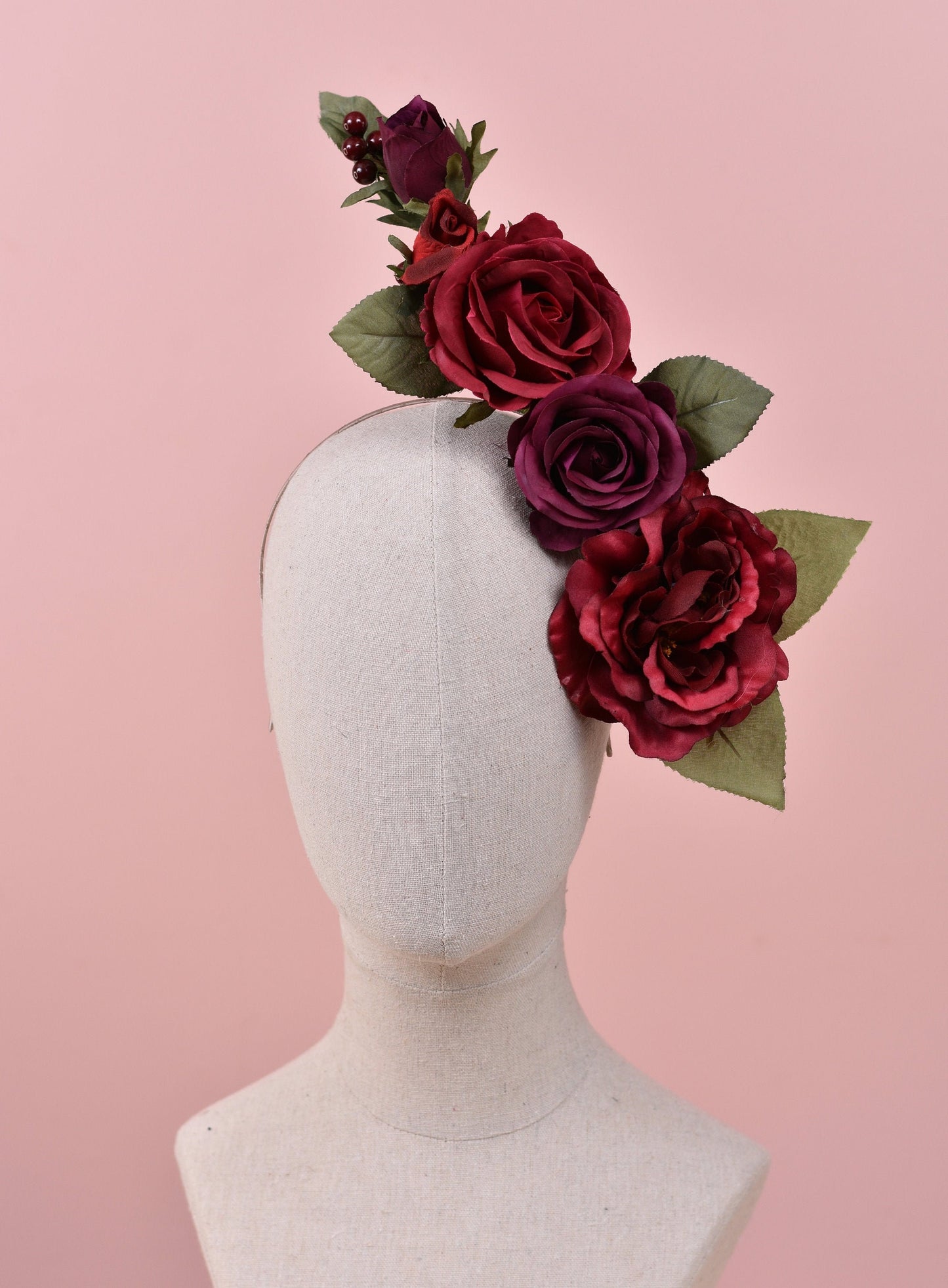 Sculptural Crimson and Plum Roses Headpiece | Flower Crown | Flower Fascinator | Flower Headband | Wedding Headpiece | Races Headpiece