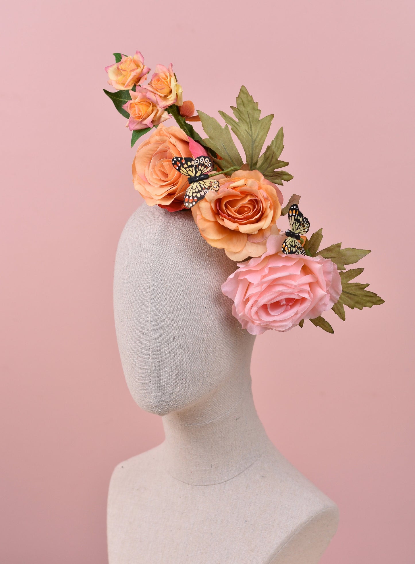 Sculptural Roses Headpiece in Pink and Orange | Flower Fascinator | Flower Headband | Wedding Headpiece | Races Headpiece