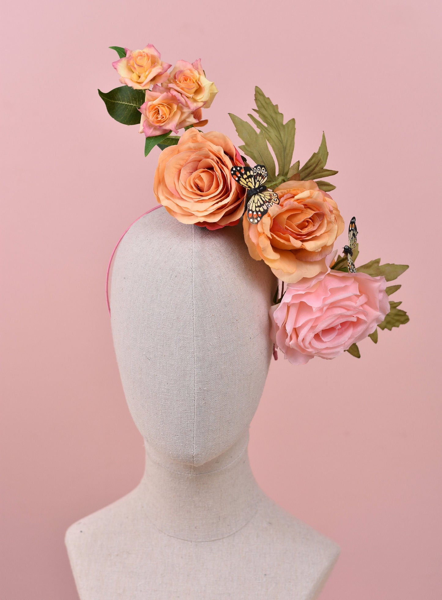 Sculptural Roses Headpiece in Pink and Orange | Flower Fascinator | Flower Headband | Wedding Headpiece | Races Headpiece