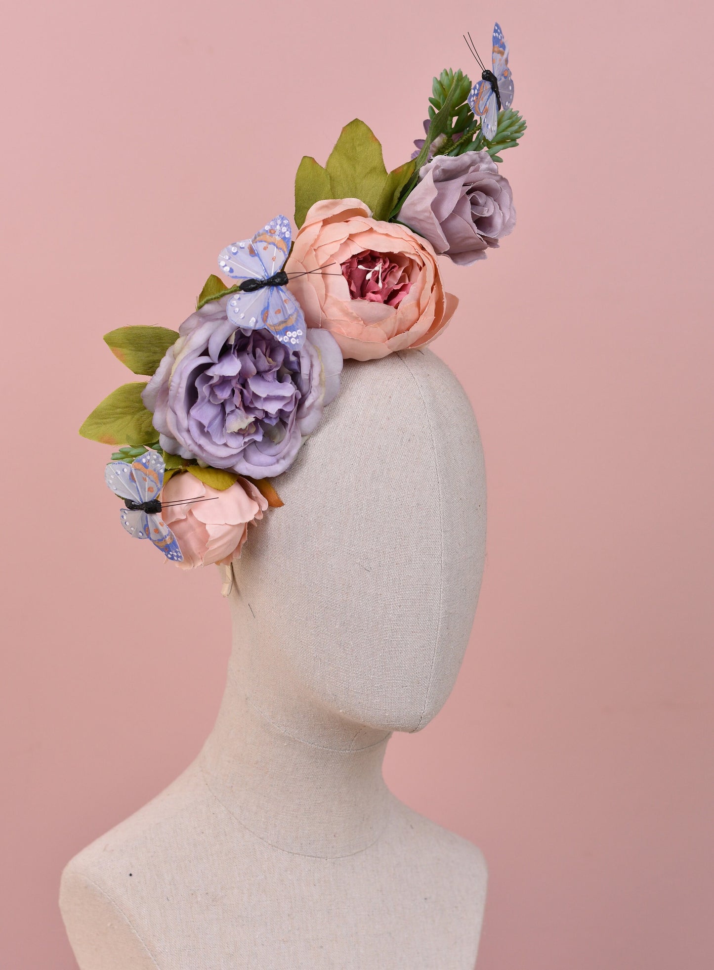 Sculptural Flower Headpiece in Blush Pink and Lilac | Flower Crown | Flower Headband | Wedding Headpiece | Races Headpiece