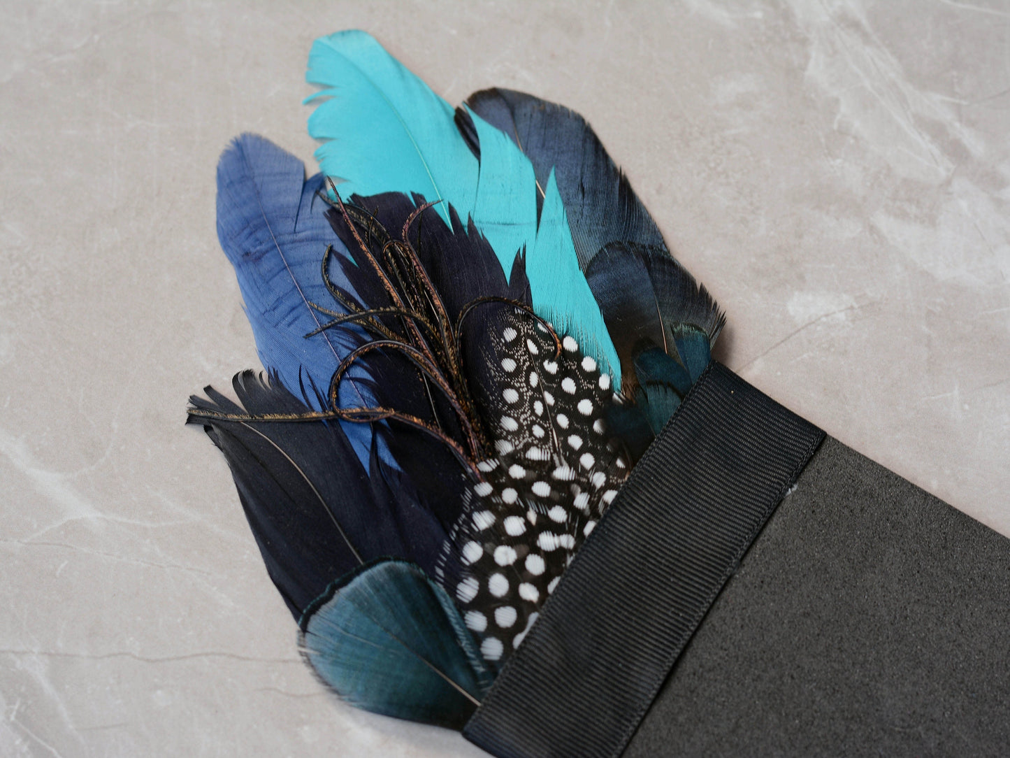 Turquoise, Navy Blue and Black Feather Pocket Square No.163 | Suit Accessory | Feather Neck Tie | Grooms Outfit | Groomsmen Gift