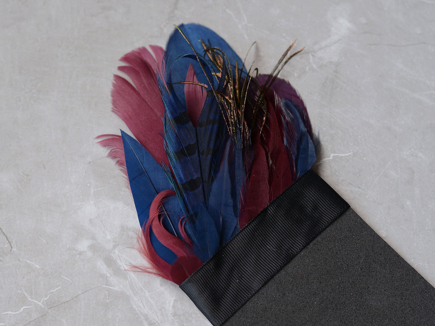 Navy Blue and Burgundy Goose and Pheasant Feather Pocket Square No.183 | Suit Accessory | Feather Neck Tie | Grooms Outfit | Groomsmen Gift