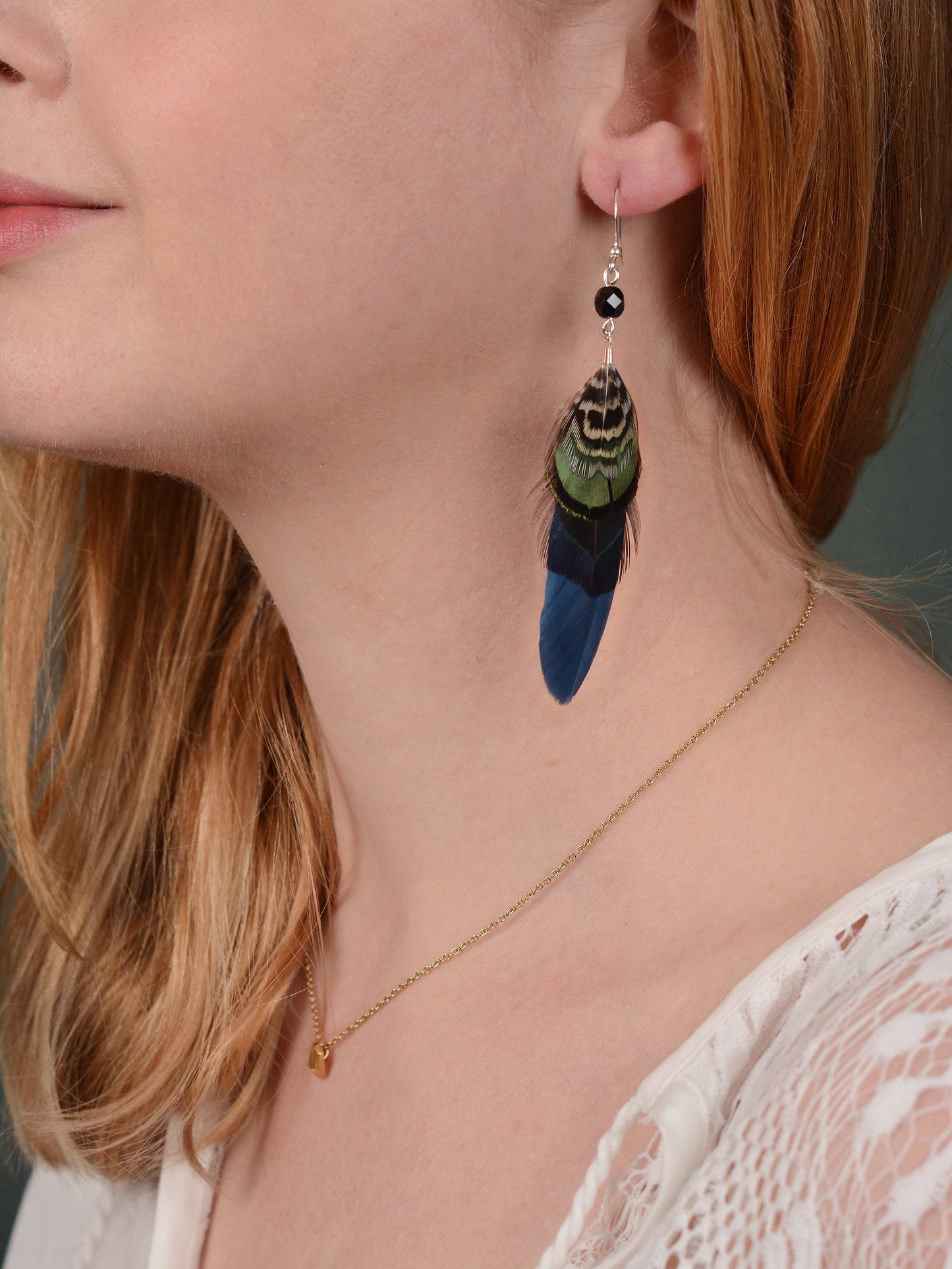 Feather Earrings in Navy Blue and Green with Aurora Crystal Bead | Feather Jewellery | Drop Earrings