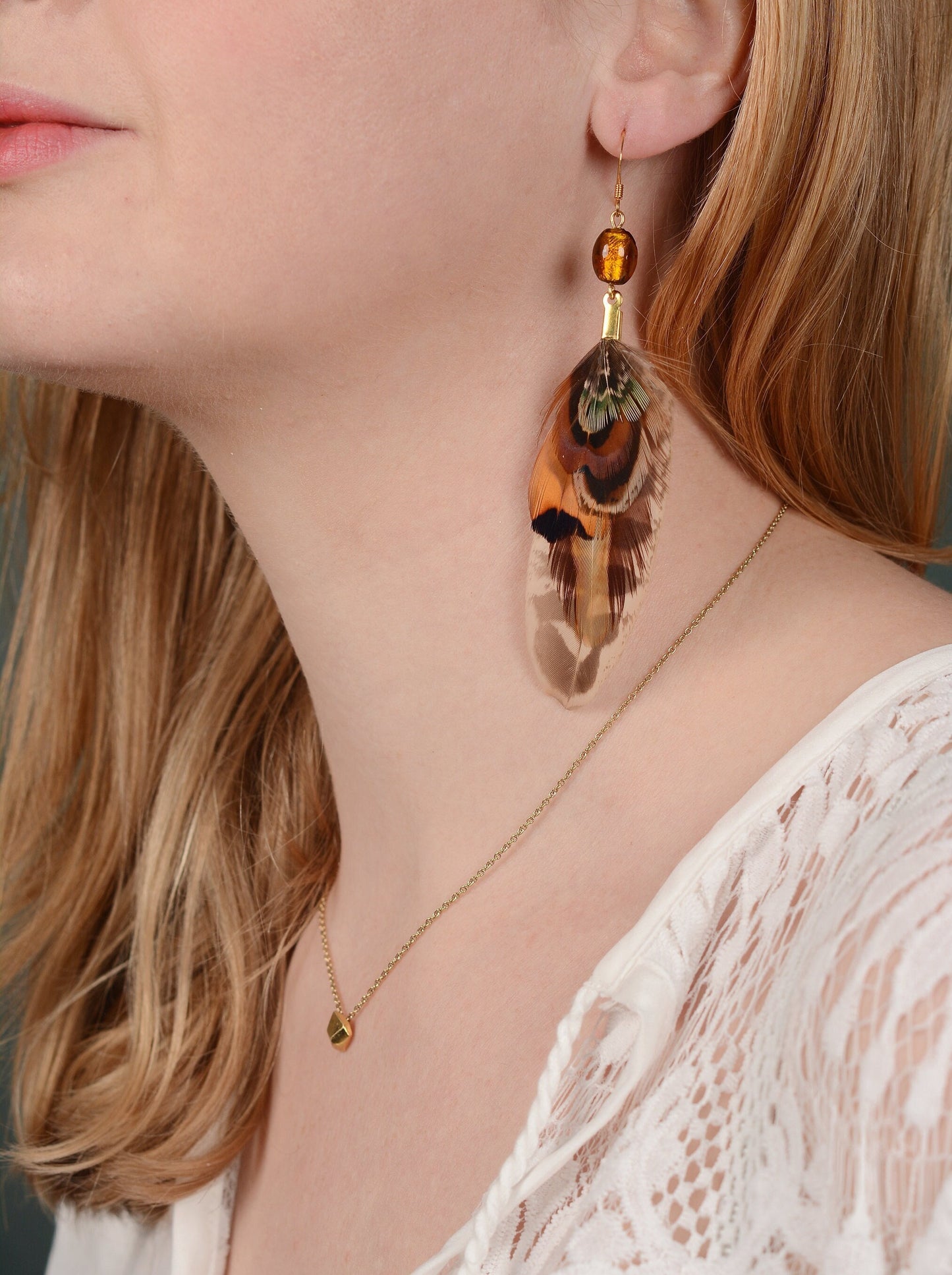 Pheasant Feather Earrings with Amber Glass Bead | Festival Earrings | Feather Jewellery | Festival Jewellery
