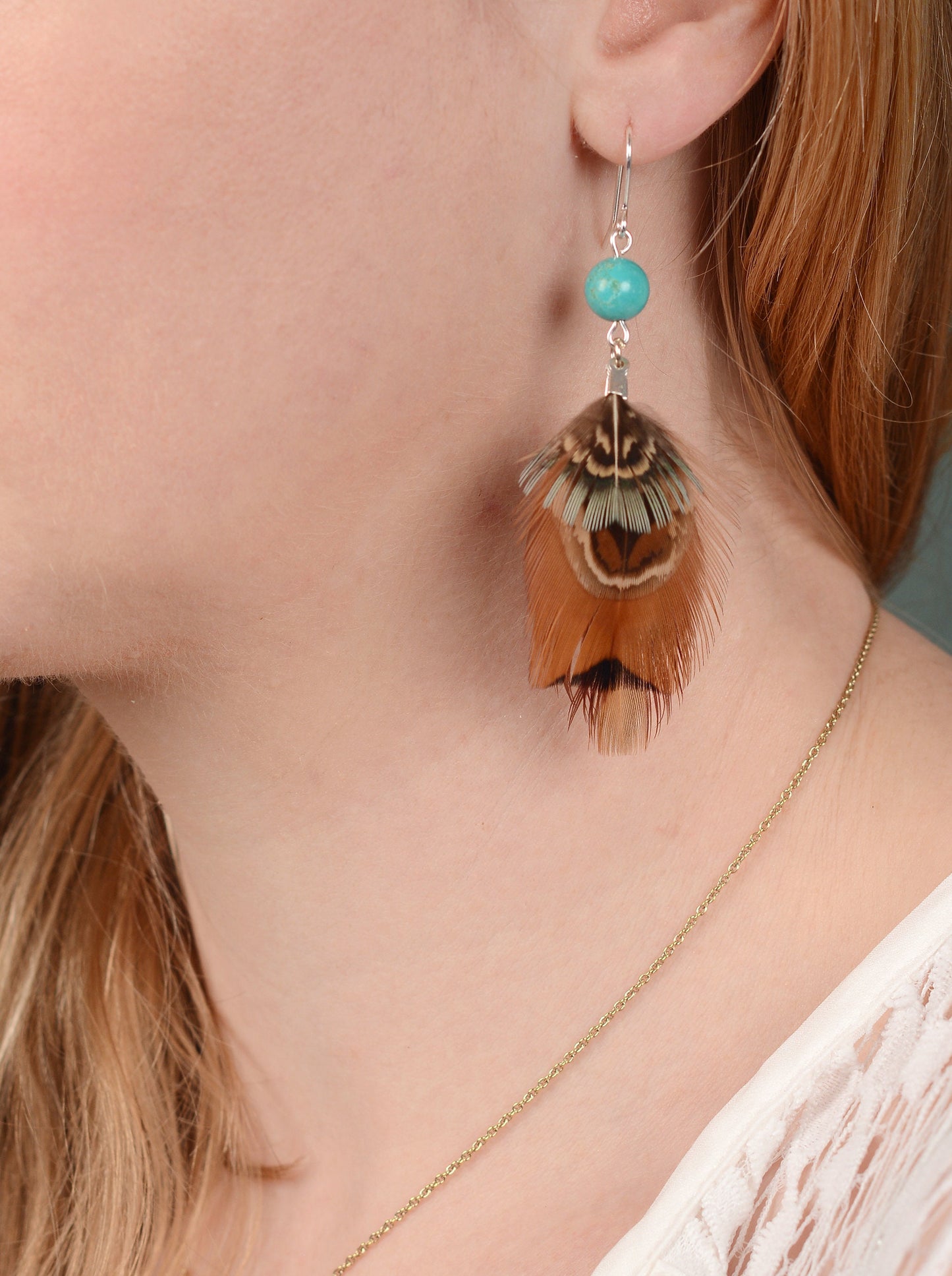 Pheasant Feather Earrings with Turquoise Bead | Feather Jewellery | Festival Jewellery