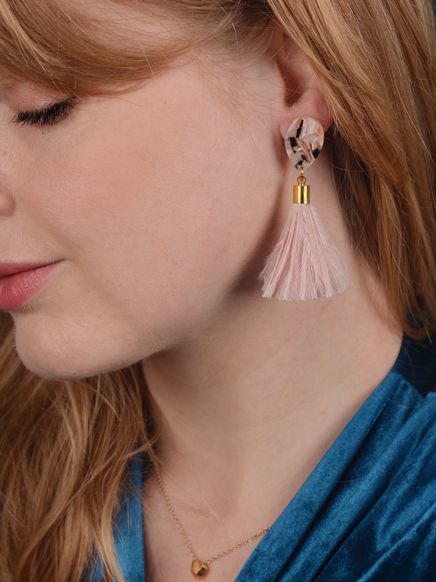 Blush Pink Marble Acetate and Ostrich Feather Tassel Earrings